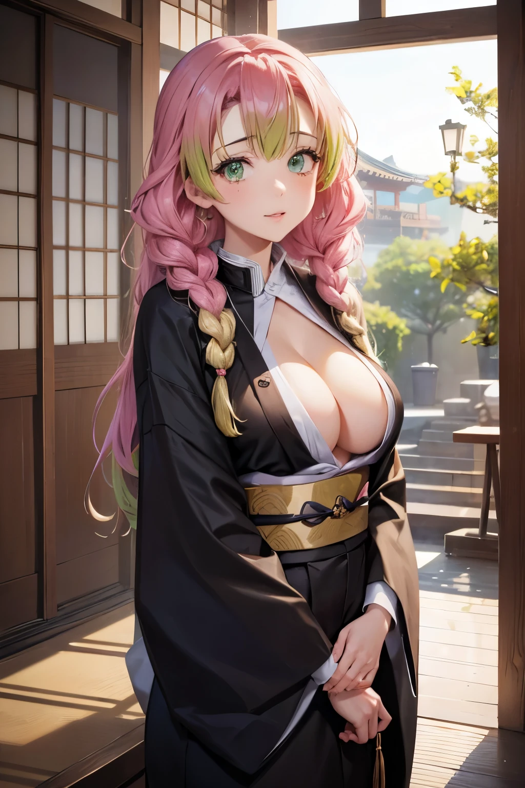 (8K、masterpiece、Highly detailed background、high resolution)、mitsuri kanroji、Black kimono、White Haori、Cleavage