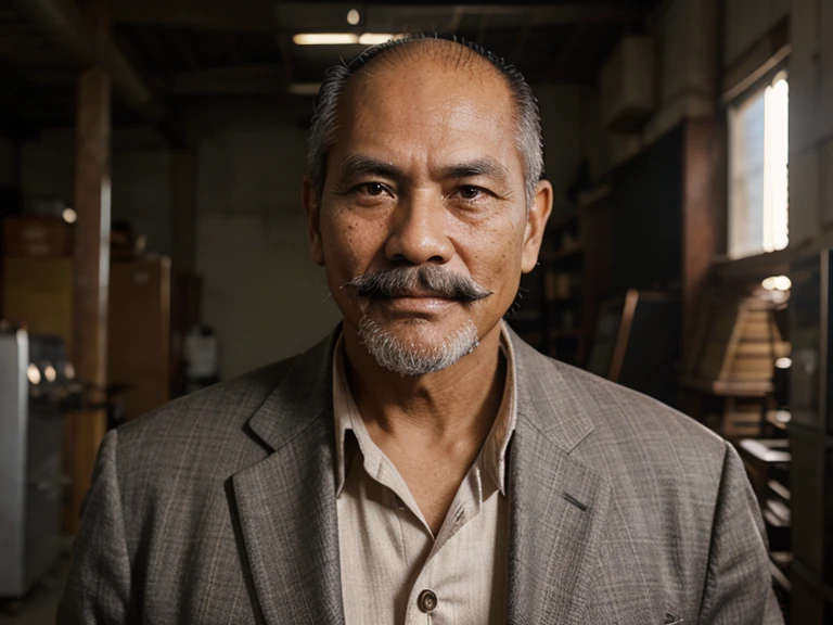 Old Filipino Business Man, beard and mustache 5'8 tall, 58 years old, darker skin and lacking hair