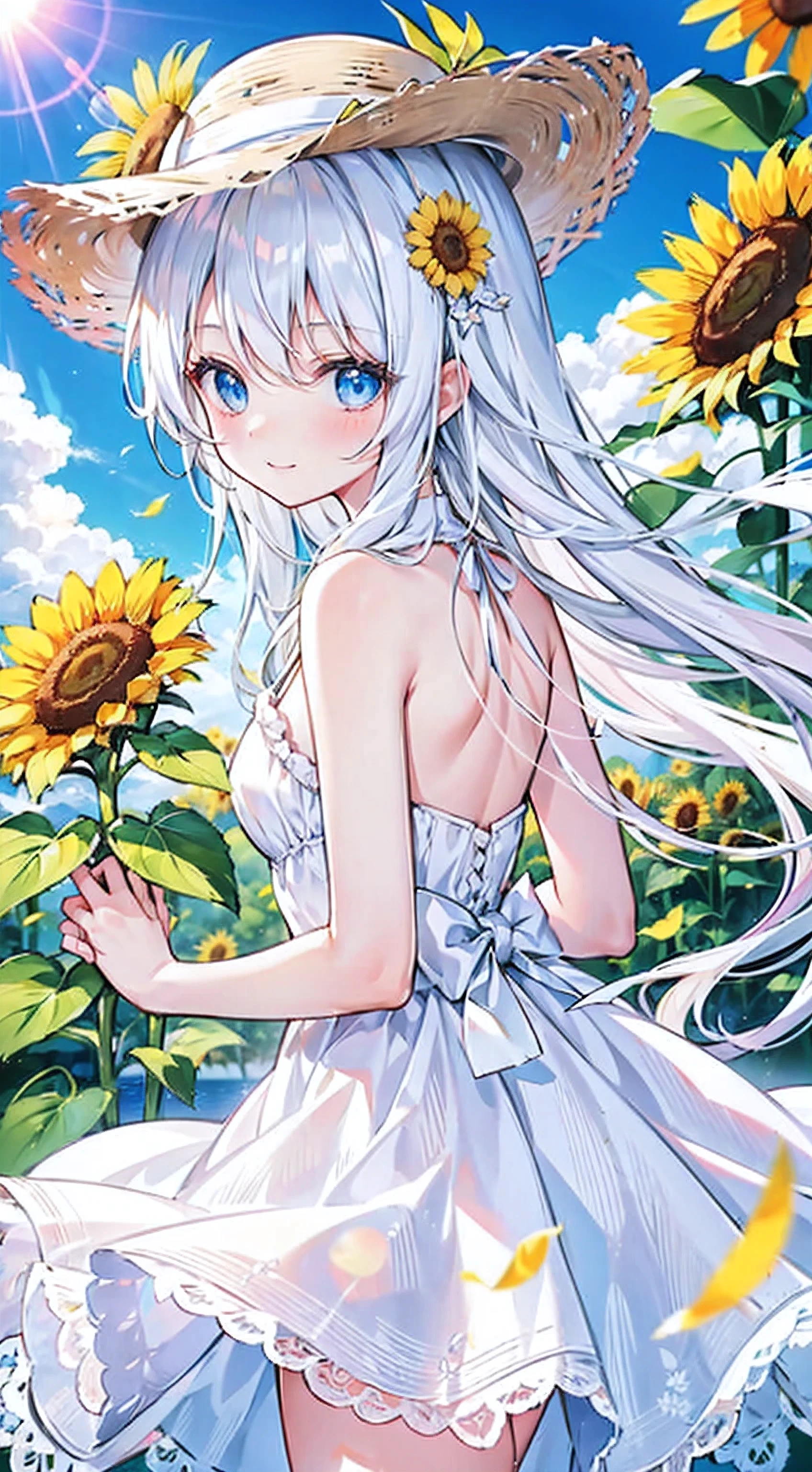 A cute angel girl with long white hair and blue eyes、16 years old、Angel wings on the back、Looking back with hands clasped behind back、Mischievous Smile、White dress、Straw hat、Sunflower flower decoration、Short