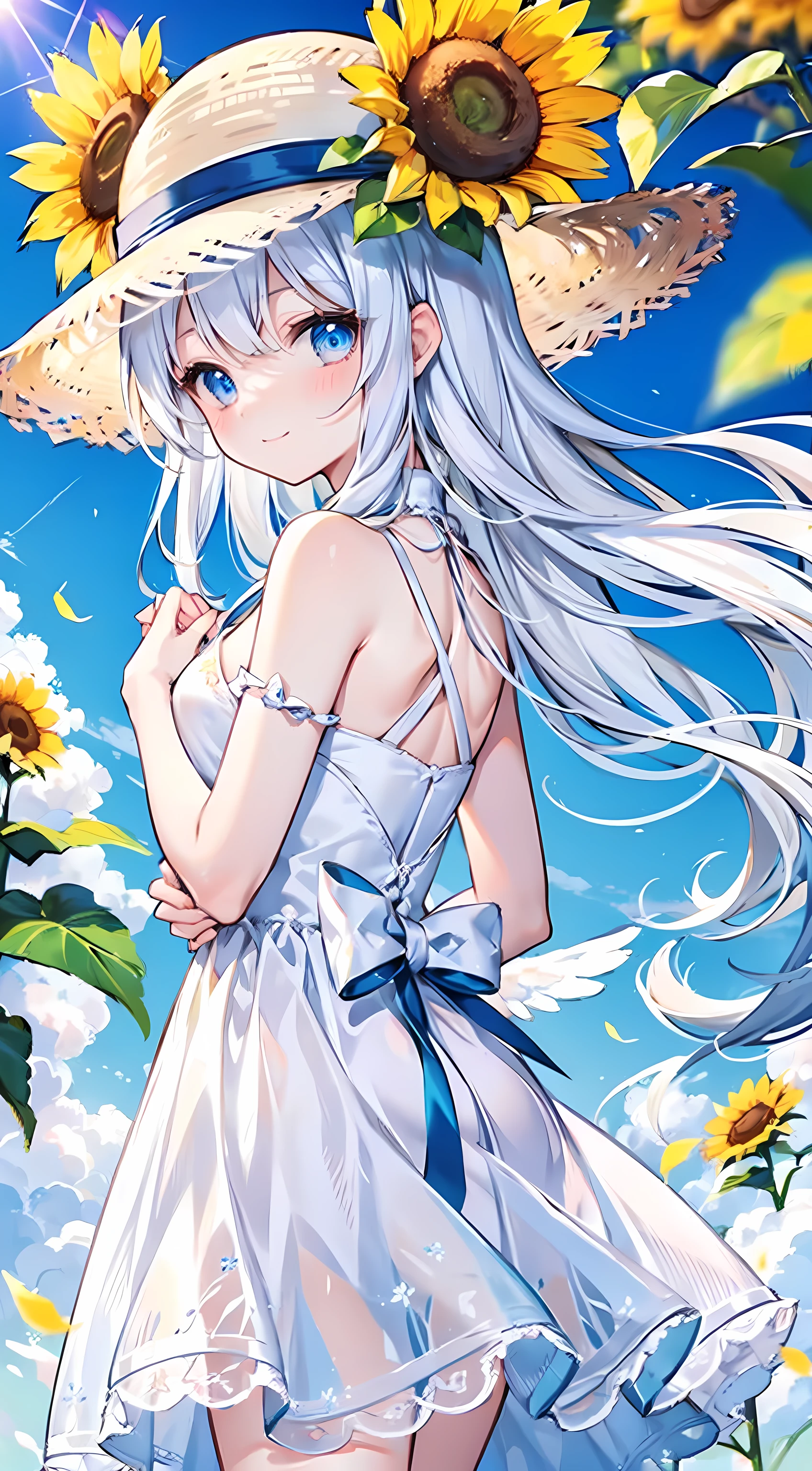 A cute angel girl with long white hair and blue eyes、16 years old、Angel wings on the back、Looking back with hands clasped behind back、Mischievous Smile、White dress、Straw hat、Sunflower flower decoration、Short