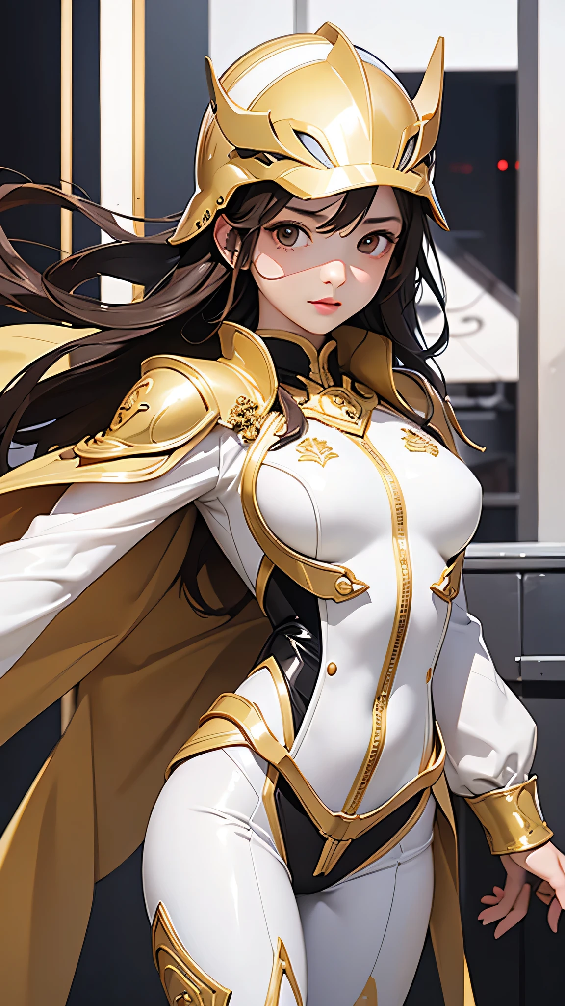 highest quality、Realistic、female、Japanese、zoom、cute、Brown eyes、White full face helmet、Gold accents on the helmet、Black shield、White Hero Suit、Gold accents on suits、Shiny bodysuit、