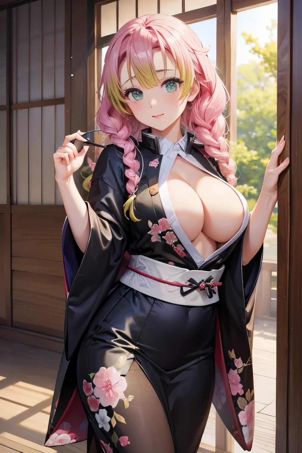 (8K、masterpiece、Highly detailed background、high resolution)、mitsuri kanroji、Black kimono、White Haori、Cleavage、Sexy pose