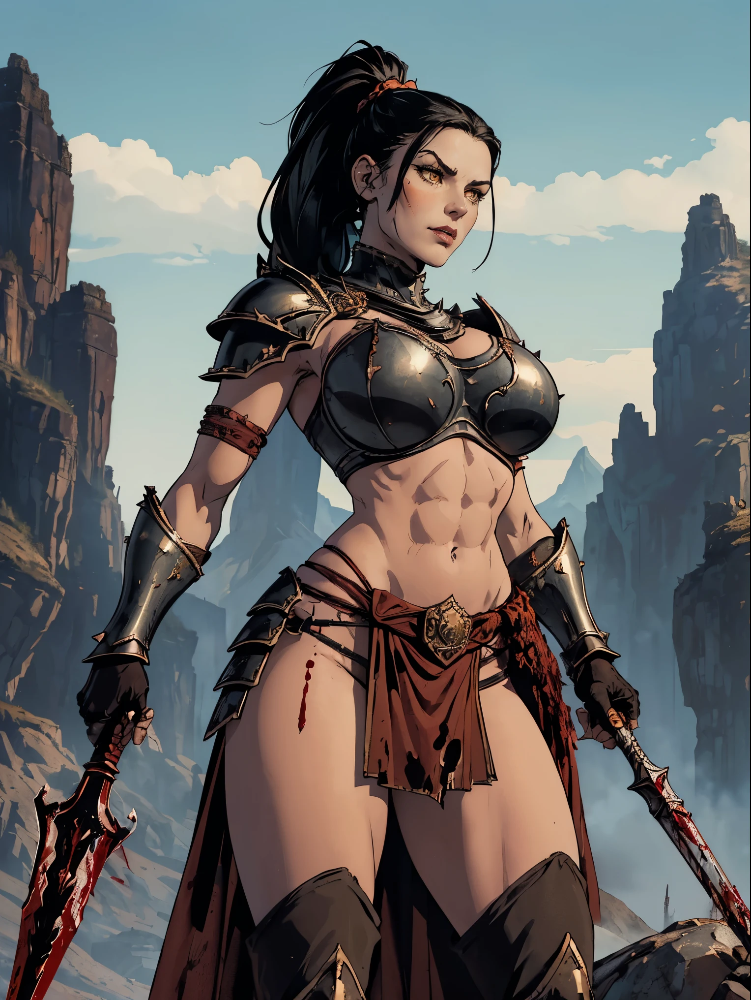 (masterpiece, top quality, best quality, official art, beautiful and aesthetic:1.2), (1girl:1.3), ((Sharp facial features, sharp features, hawkish features)), ((pale skin, orange eyes, big hair, long black hair, ponytail)), big tiddy chaos warrior girl, extremely detailed, portrait, looking at viewer, solo, (full body:0.6), detailed background, full-body shot, (hot desert mountain theme:1.1), chaos warrior, (spiky helmet), charlatan, smirk, mysterious, swaying in mountains, armor, red metal, brass trim, long boots, blood red fabric, pelvic curtain, loincloth, black leather, ((((spear, heavy armor, blood, blood splatter, armored, gigantic breasts, long legs, pelvic curtain, toned, muscular)))), cute belly button, toned tummy, slim waist, slim hips, long legs, medieval (mountain exterior:1.1) background, dark mysterious lighting, shadows, magical atmosphere, dutch angle