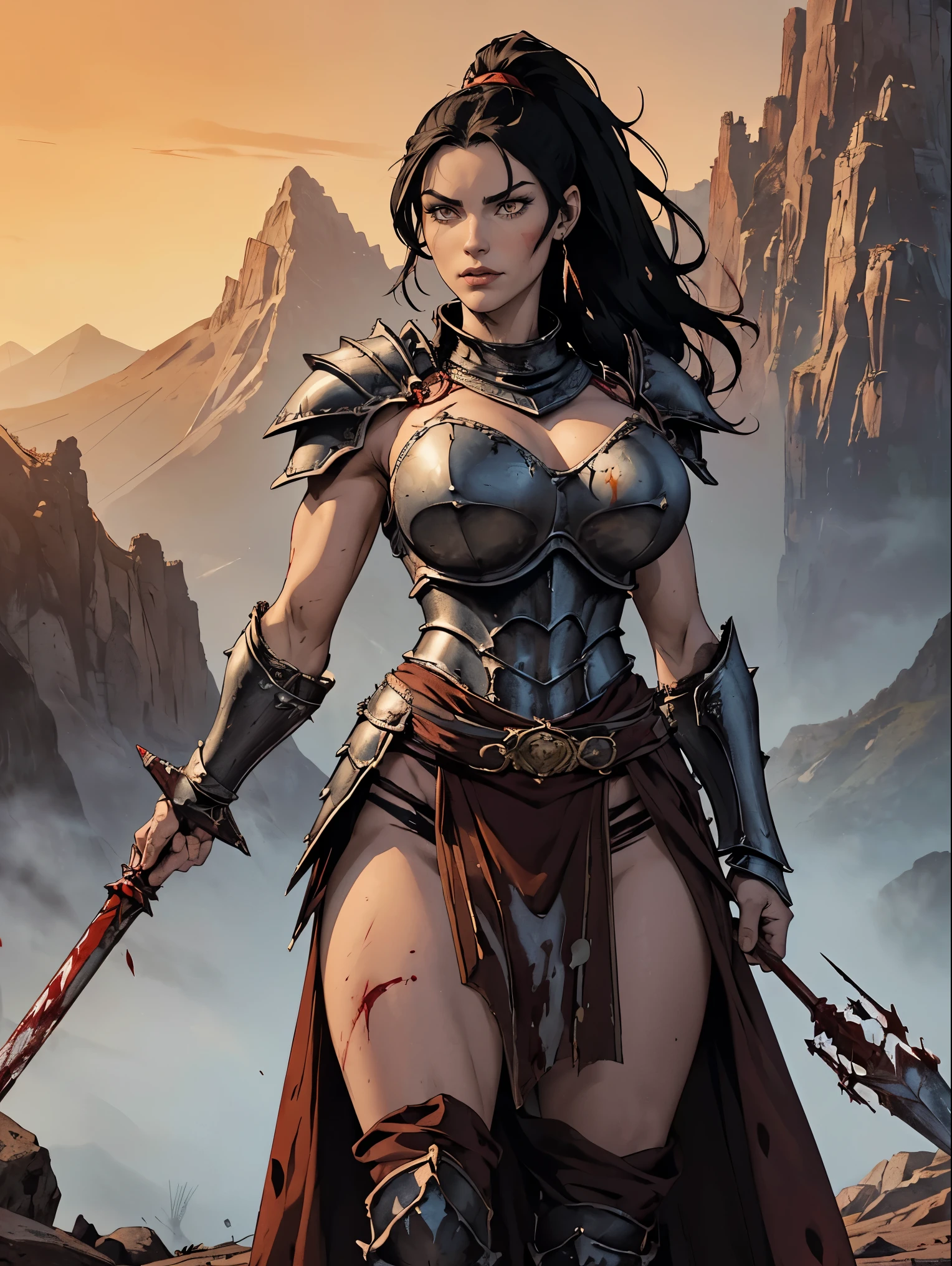 (masterpiece, top quality, best quality, official art, beautiful and aesthetic:1.2), (1girl:1.3), ((Sharp facial features, sharp features, hawkish features)), ((pale skin, orange eyes, big hair, long black hair, ponytail)), big tiddy chaos warrior girl, extremely detailed, portrait, looking at viewer, solo, (full body:0.6), detailed background, full-body shot, (hot desert mountain theme:1.1), chaos warrior, (spiky helmet), charlatan, smirk, mysterious, swaying in mountains, armor, red metal, brass trim, long boots, blood red fabric, pelvic curtain, loincloth, black leather, ((((spear, heavy armor, blood, blood splatter, armored, gigantic breasts, long legs, pelvic curtain, toned, muscular)))), cute belly button, toned tummy, slim waist, slim hips, long legs, medieval (mountain exterior:1.1) background, dark mysterious lighting, shadows, magical atmosphere, dutch angle