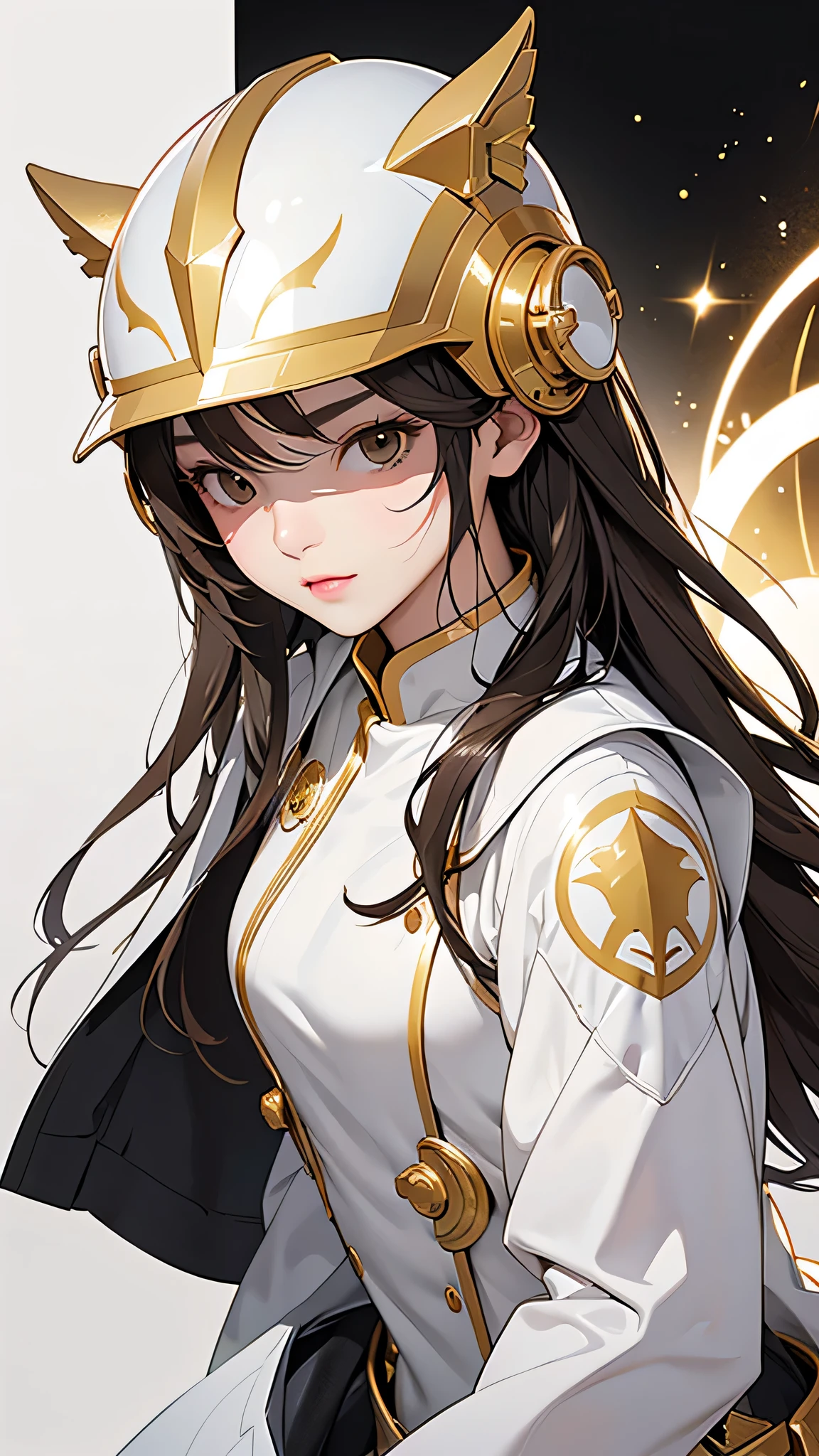 highest quality、Realistic、female、Japanese、zoom、cute、Brown eyes、White full face helmet、Gold accents on the helmet、Black shield、White Hero Suit、Gold accents on suits、Shiny bodysuit、