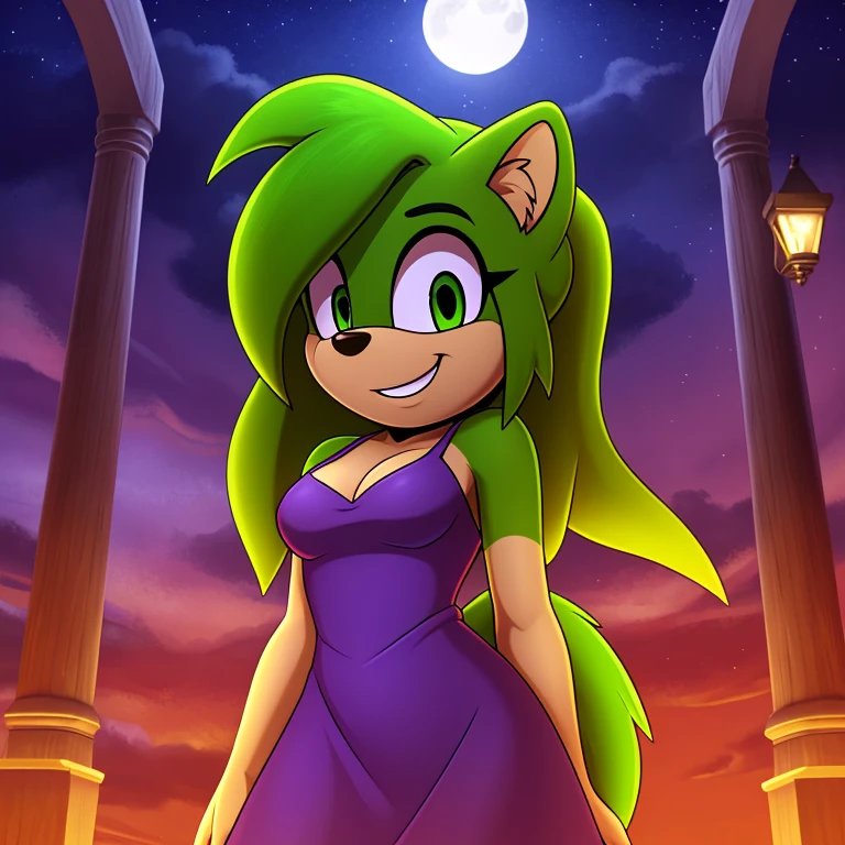 mobian leopard, female, green fur, green eyes, green hair, green body, ponytail, purple dress, low cut dress, cleavage, grin, fluff, fur, tuft, night, moon, castle, small breasts, Masterpiece, high quality, studio quality, intricate details, 4k, solo, ((masterpiece)), high quality, ((2d, 2d art)), ((sharp, expressive eyes)), (detailed colors, detailed shading), detailed background