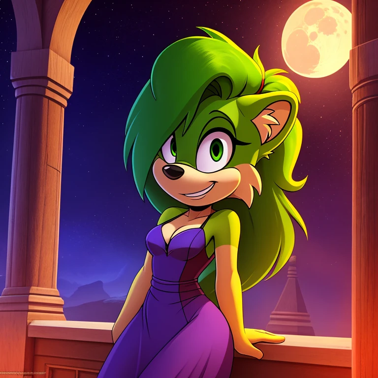 mobian leopard, female, green fur, green eyes, green hair, green body, ponytail, purple dress, low cut dress, cleavage,  grin, fluff, fur, tuft, night, moon, castle, small breasts, Masterpiece, high quality, studio quality, intricate details, 4k, solo, ((masterpiece)), high quality, ((2d, 2d art)), ((sharp, expressive eyes)), (detailed colors, detailed shading), detailed background