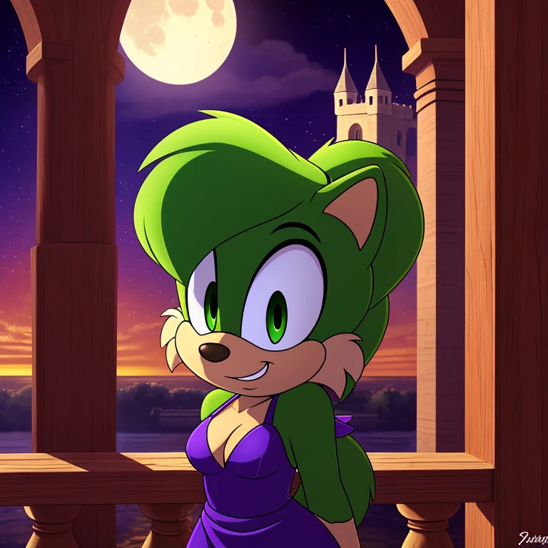 mobian leopard, female, green fur, green eyes, green hair, green body, ponytail, purple dress, low cut dress, cleavage,  grin, fluff, fur, tuft, night, moon, castle, small breasts, Masterpiece, high quality, studio quality, intricate details, 4k, solo, ((masterpiece)), high quality, ((2d, 2d art)), ((sharp, expressive eyes)), (detailed colors, detailed shading), detailed background