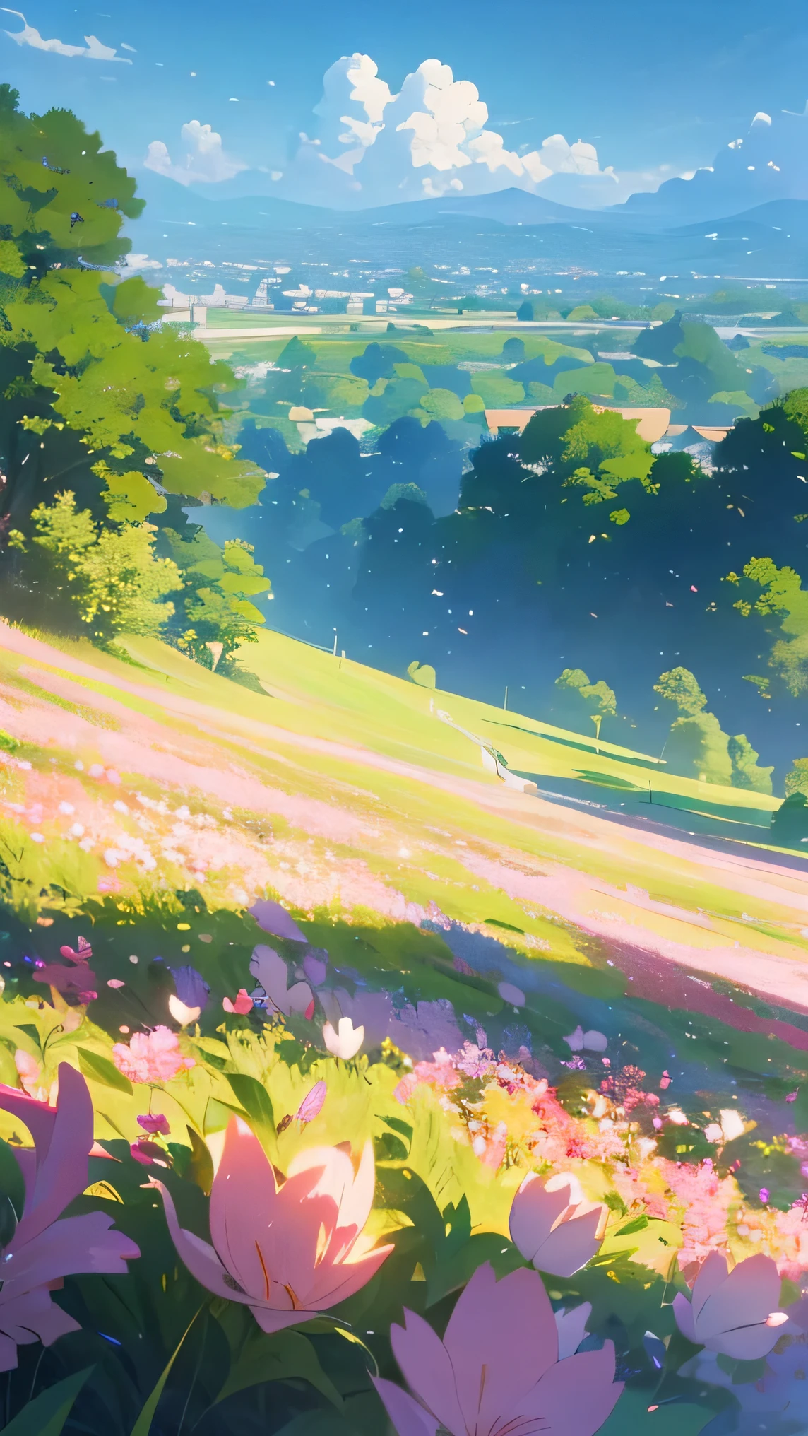 Hayao Miyazaki Hal's moving castle, flower lawn, wide Angle, bright spring, green plain, Makoto Shinkai, Miyazaki Hayao, Makoto Shinkai, Miyazaki Hayao, Japanese manga