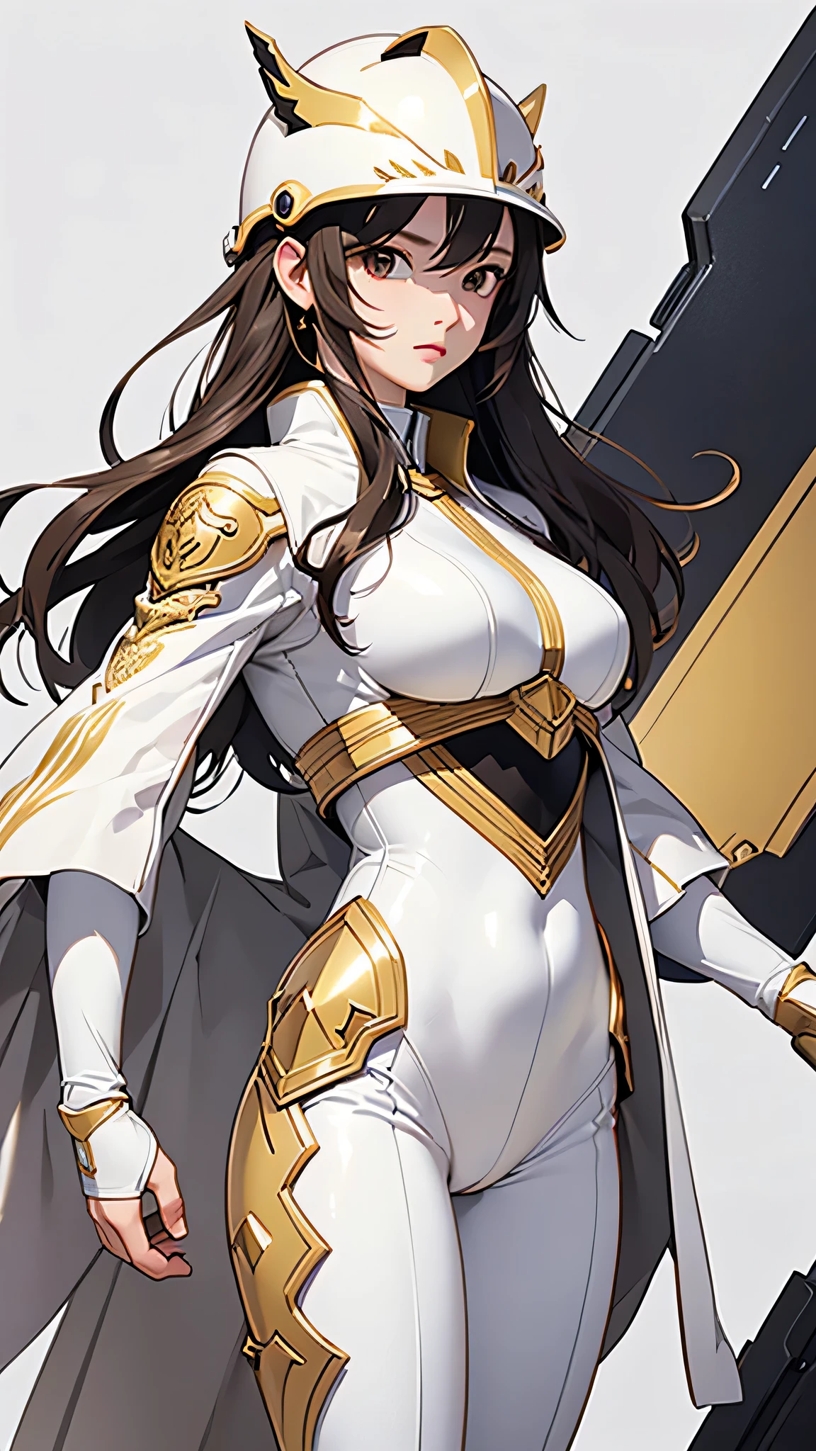 highest quality、Realistic、female、Japanese、zoom、cute、Brown eyes、White full face helmet、Gold accents on the helmet、Black shield、White Hero Suit、Gold accents on suits、Shiny bodysuit、