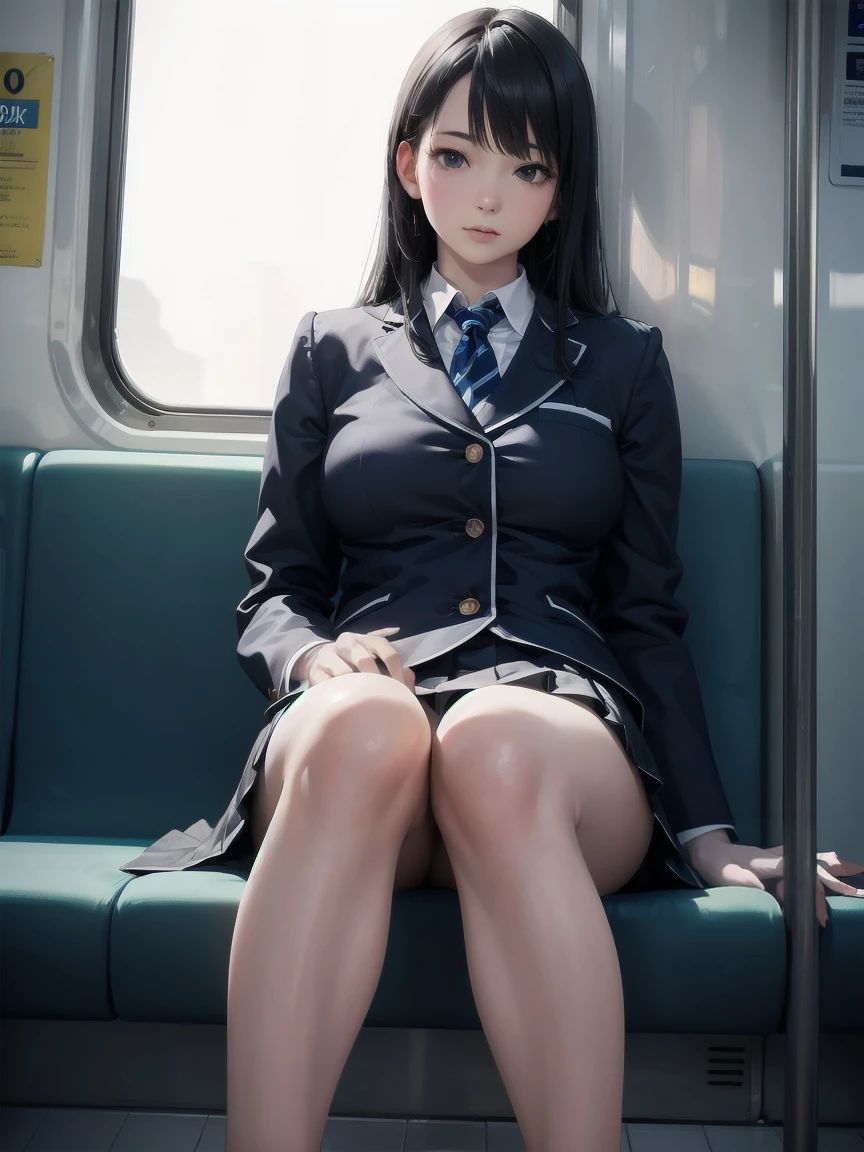 "(masterpiece, High resolution, Ultra High resolution, 4K) Black Hair, 14 year old Japanese girl, Uniform skirt, Accentuate your thighs, White thighs, Soft thighs, Gorgeous thighs, Sitting on a train, Orientation angle, (Angle from below),sitting in a train seat,Sit in front,Crotch Zoom Camera,Put your feet on the train floor,whole body,Looking down and sleepy,Only watching the audience", highest quality, 超High resolution, (Realistic:1.4),, High resolution, Familiar, RAW Photos, Shapuri, Nikon D850 film stock photo by Lee Jefferies 4 Kodak Portra 400 camera F1.6 lens rich colors hyper Realistic lively textures dramatic lighting unreal engine artstation trends cinestir 800,sole、Footjob、Nipples are visible、My chest is visible、sole、