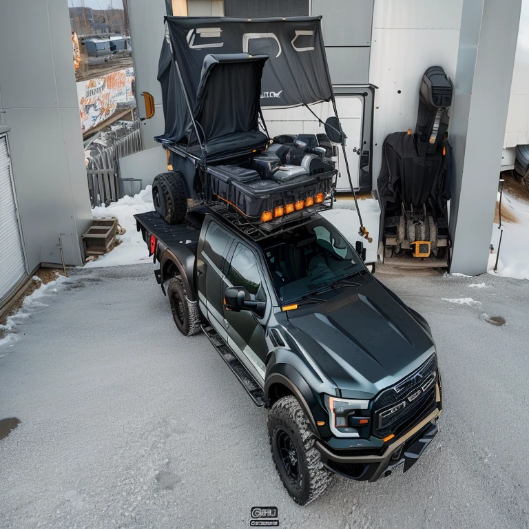 there is a truck with a camper on the back of it, Comes with roof rack, Ford F-150 Raptor, front Photo, cybertruck, Front Angle, Frontal full, f4”, Detailed wide angle shot, Frontal full視圖, Front top view, Full body view, truck, medium wide front Photo, Long shot from the front