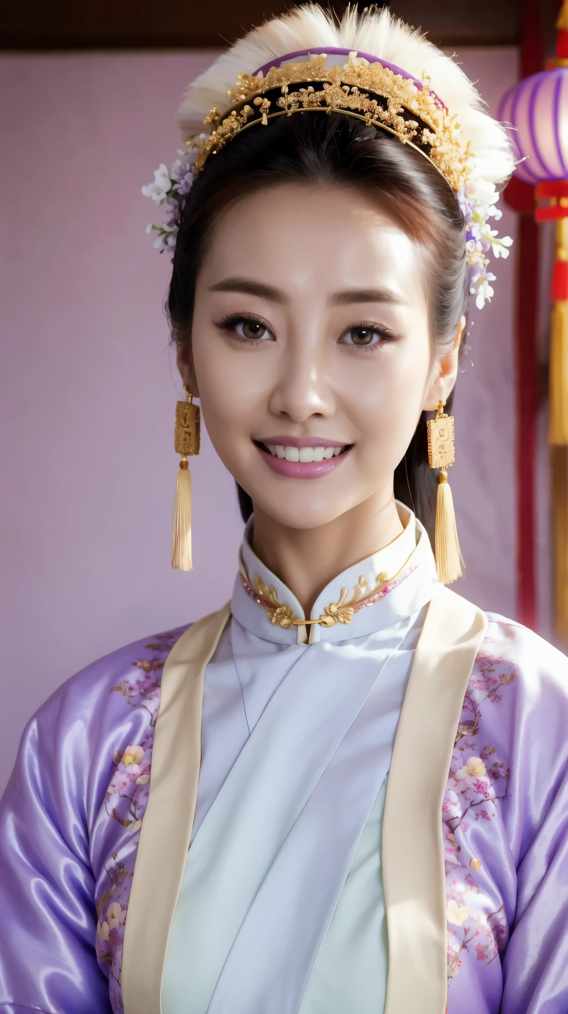 Fashion model 25 years old [[[[close up]]]], [[[[neck]]]], [[[[Shoulder]]]], Perfect eyes, Perfect iris，Perfect lips，Perfect Teeth，Perfect skin，White skin，Soft headlight，High-density imaging review，（Face is clear and delicate），((Lilac Chinese costume))，((Smile))，((Background is Chinese interior))，best quality，masterpiece，（Soft colors：1.2