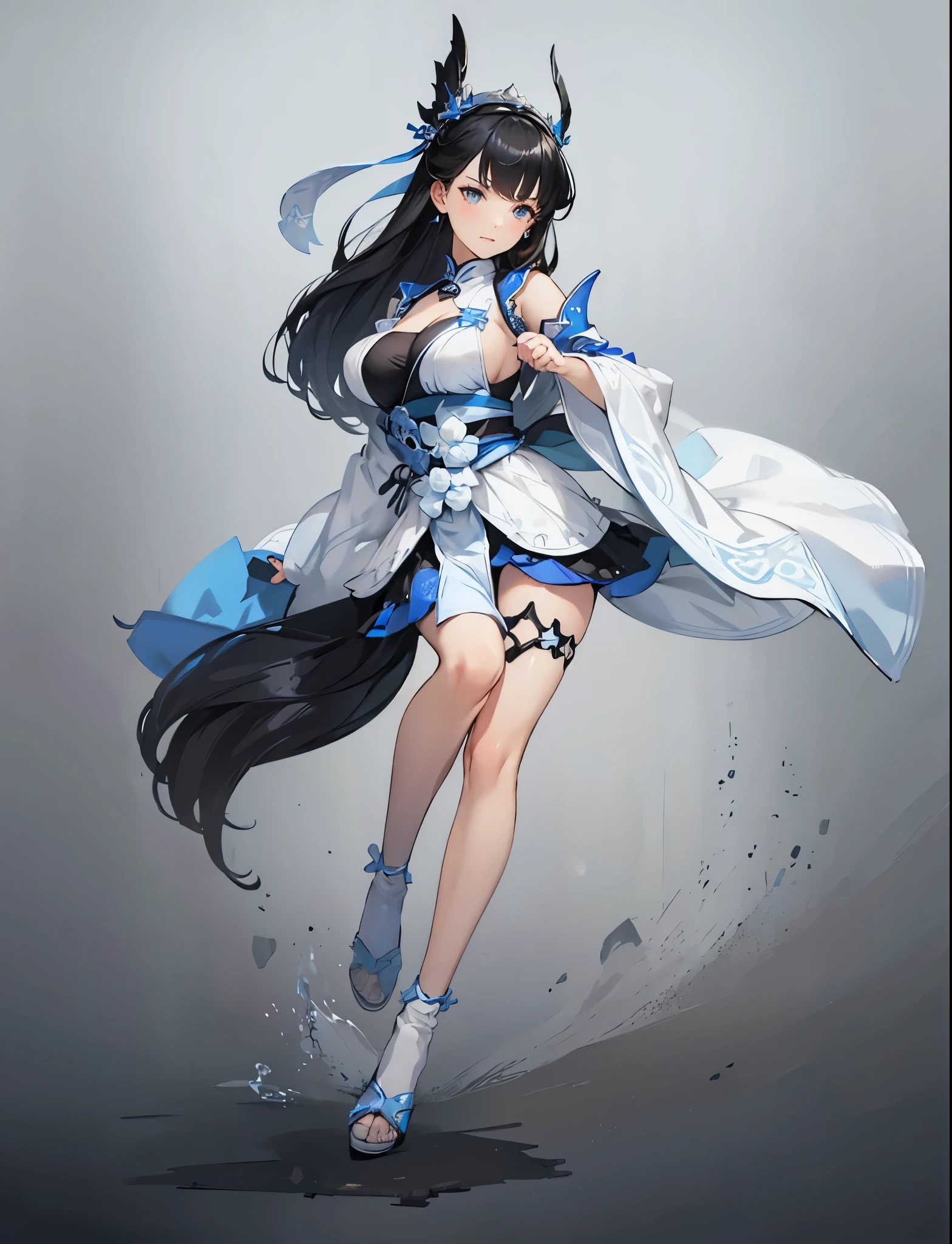 female,Costume,Black hair,White dress with blue pattern,Three Kingdoms,Gray background,White background
