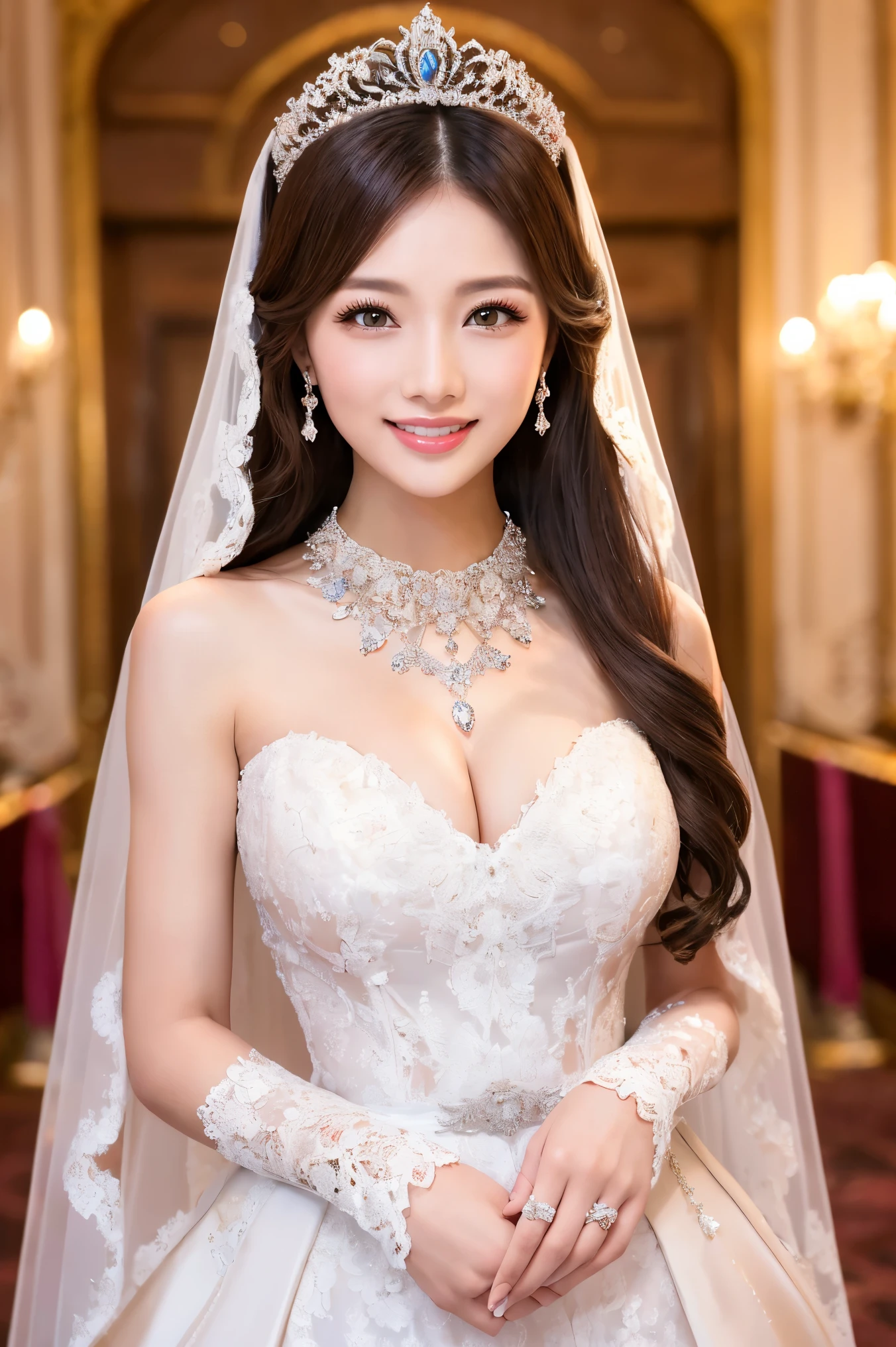 (highest quality、Tabletop、8k、Best image quality、Award-winning works)、One beautiful bride、(alone:1.1)、(The most extravagant and gorgeous huge wedding dresses:1.1)、(Perfect Wedding Lace:1.2)、(The most extravagant and luxurious giant tiara:1.1)、(The most extravagant and luxurious giant necklace:1.1)、The most beautiful smile is looking at me、A wide selection of the finest jewellery、(Bridal upper body photo:1.1)、Perfect Makeup、Long eyelashes、Ultra HD Shining Eyes、Ultra HD Hair、Ultra High Resolution Glossy Lips、Ultra High Resolution Perfect Teeth、Beautiful face in ultra-high definition、(Accurate anatomy:1.1)、(Very bright and beautiful skin:1.2)、(very bright and vivid:1.2)、(Luxury wedding venue background:1.1)