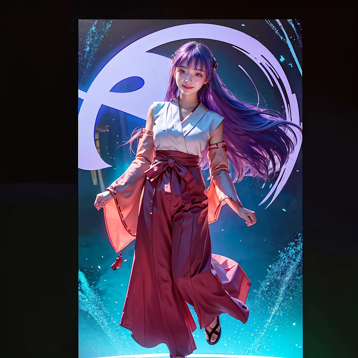 ultra-detailed, Explicit, Beautiful body, Beautiful Nose, Beautiful character design, perfect eyes, perfect face, ultra highres, 4K, beautiful legs, perfect legs, Nice hands, Perfect hand, Masterpiece, Best Quality, Highly detailed, illustration, absurdres, perfect anatomy, expression of joy, glowing eyes, looking at viewer, mystic aura, female priestess, full body, goddess-like, happy trance, perfect female body, smile, japanese clothes, miko, detached sleeves, hakama, hakama skirt, red hakama, ribbon-trimmed sleeves, joyful eyes, horns, extending the right arm from the shoulder into the air with a straightened hand, 1girl, hair ornaments, purple hair, long hair, purple eyes, (((pixel-perfect, detail-perfect))), solo, 1girl, Hanyuu, higurashi when they cry, umineko when they cry, medium sized natural breasts