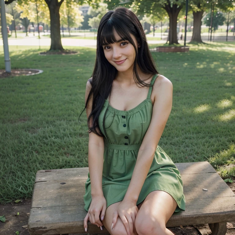 A fair girl sitting on the park and medium size of and wearing a green frog cotton dress which touch her legs black hairs and reaching just past her eyebrows and two longer side bangs that frame her face and she is smiling 