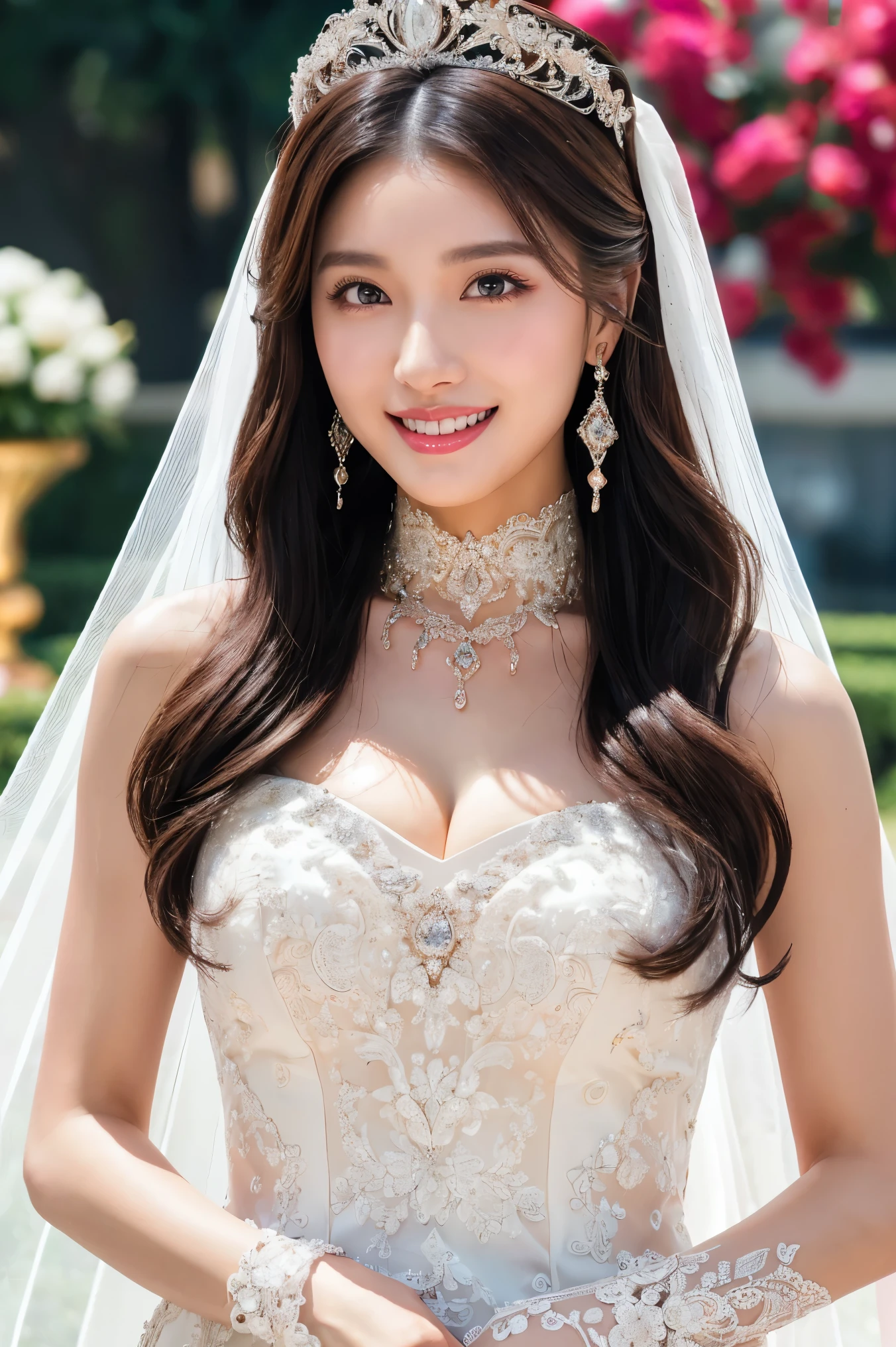 (highest quality、Tabletop、8k、Best image quality、Award-winning works)、One beautiful bride、(alone:1.1)、(The most extravagant and gorgeous huge wedding dresses:1.1)、(Perfect Wedding Lace:1.2)、(The most extravagant and luxurious giant tiara:1.1)、(The most extravagant and luxurious giant necklace:1.1)、The most beautiful smile is looking at me、A wide selection of the finest jewellery、(Bridal upper body photo:1.1)、Perfect Makeup、Long eyelashes、Ultra HD Shining Eyes、Ultra HD Hair、Ultra High Resolution Glossy Lips、Ultra High Resolution Perfect Teeth、Beautiful face in ultra-high definition、(Accurate anatomy:1.1)、(Very bright and beautiful skin:1.2)、(very bright and vivid:1.2)、(Luxury wedding venue background:1.1)