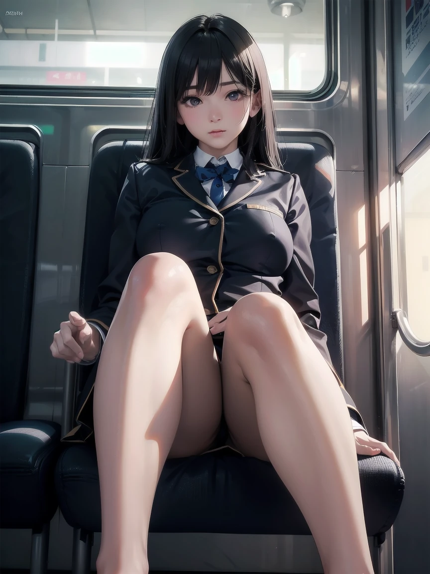 "(masterpiece, High resolution, Ultra High resolution, 4K) Black Hair, 14 year old Japanese girl, Uniform skirt, Accentuate your thighs, White thighs, Soft thighs, Gorgeous thighs, Sitting on a train, Orientation angle, (Angle from below),sitting in a train seat,Sit in front,Crotch Zoom Camera,Put your feet on the train floor,whole body,Looking down and sleepy,Only watching the audience", highest quality, 超High resolution, (Realistic:1.4),, High resolution, Familiar, RAW Photos, Shapuri, Nikon D850 film stock photo by Lee Jefferies 4 Kodak Portra 400 camera F1.6 lens rich colors hyper Realistic lively textures dramatic lighting unreal engine artstation trends cinestir 800,sole、Footjob、Nipples are visible、My chest is visible、sole、Open chest、