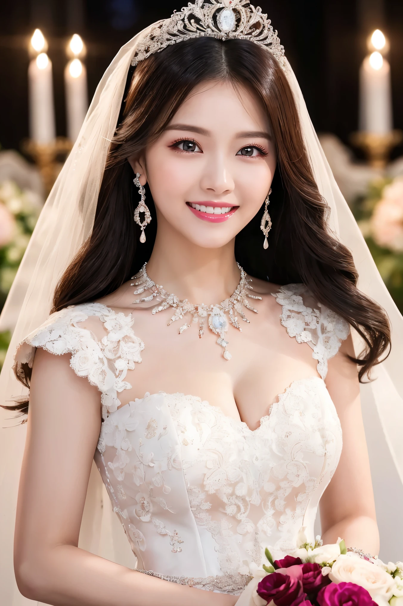 (highest quality、Tabletop、8k、Best image quality、Award-winning works)、One beautiful bride、(alone:1.1)、(The most extravagant and gorgeous huge wedding dresses:1.1)、(Perfect Wedding Lace:1.2)、(The most extravagant and luxurious giant tiara:1.1)、(The most extravagant and luxurious giant necklace:1.1)、The most beautiful smile is looking at me、A wide selection of the finest jewellery、(Bridal upper body photo:1.1)、Perfect Makeup、Long eyelashes、Ultra HD Shining Eyes、Ultra HD Hair、Ultra High Resolution Glossy Lips、Ultra High Resolution Perfect Teeth、Beautiful face in ultra-high definition、(Accurate anatomy:1.1)、(Very bright and beautiful skin:1.2)、(very bright and vivid:1.2)、(Luxury wedding venue background:1.1)