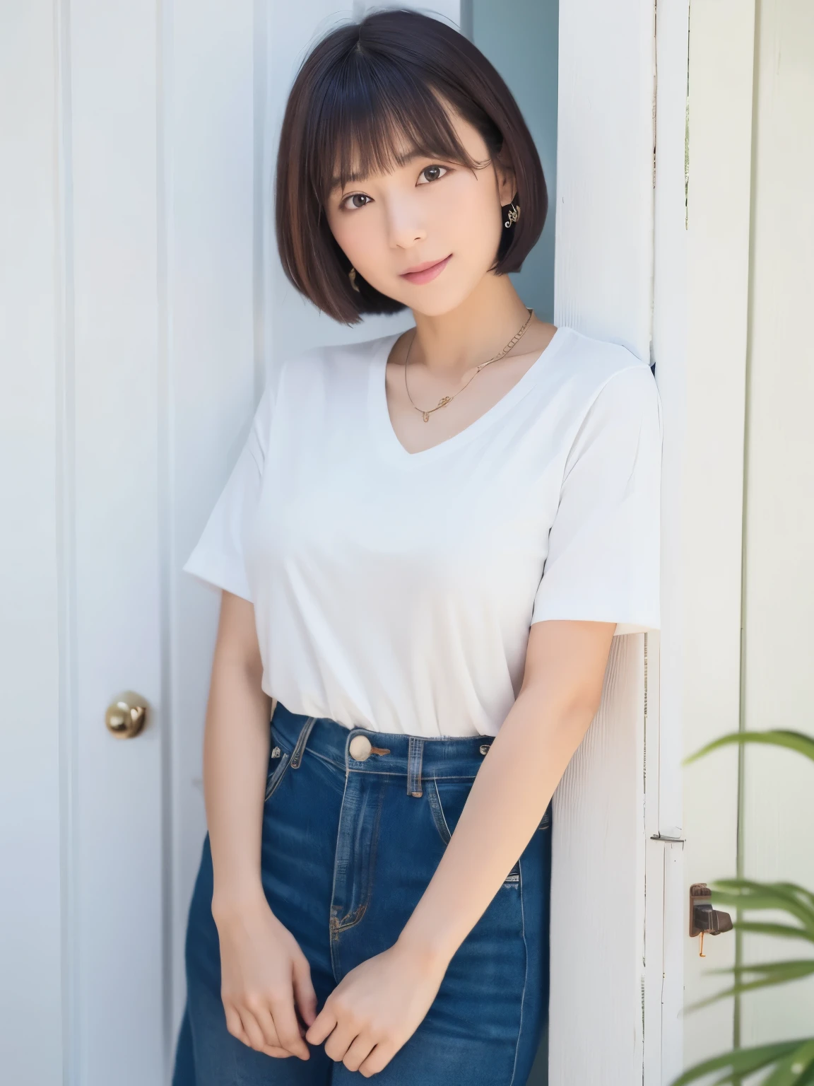 (highest quality、8k、32k、masterpiece、Hmph:1.2)、Photo of beautiful Japan woman in her 30s、Short sleeve shirt、White wall、In front of a white door、(窓のあるWhite wallの部屋)、very short hair、short hair、Shortcuts、Upper Body、necklace、Shooting from above、Don't look at the camera、(Realistic、Photorealistic:1.37)、1 girl、Photographed in natural light、Physically Based Rendering、Excellent image quality、High resolution、1080p、(Detailed facial depiction)、(Detailed description of the hands)、(Detailed CG)、Rich details、(exquisite features)、(Best image quality)、(masterpiece)、(Beautiful Eyes)、Delicate clavicle、Various poses、profile、Earrings、Laughter、Spring Clothes