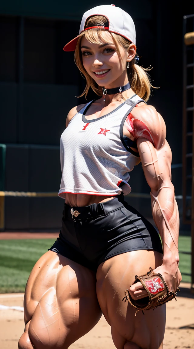 (Muscular:2.6), (thick thighs:2.2), 
(blonde woman, pale skin, beauty mark, freckles), blunt bangs, long hair, 
eyeshadow, earrings, red lipstick, glasses,
detailed eyes, (big smile:1.5), detailed skin,
(flat chest:1.5),
(choker, baseball outfit, backwards cap, sleeveless baseball jersey, baseball shorts:1.6), 
(upper body view:1.2), (looking at viewer), (three quarter view:1.4),
rim lighting, two tone lighting, dimly lit