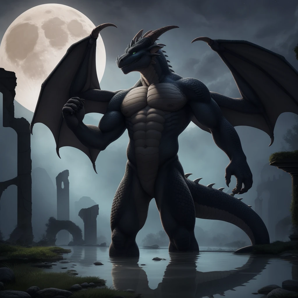 ruins, Reflection in the water, themoon, the night, Foggy sections, Permanent, , (ultra - detailed), A beautiful and detailed full size portrait of a male human dragon, scally, Dranic&#39;s, demonic monster, (blackbody, black-skinned) pervert smirk, (Balance, Detailed scale, muscular human body, buff, large pecs, Gladiator armor), Lumpaulin, Big crotch, Armor leg wear, Armor gloves, glowing light eyes, red eyes (glowing), non-mammalian breast, expecting, glowing light eyes, Big stature, Voluptious body, goddes, Big crotch, crotch apron, balls outline, Sword belt, subtract, ross tran,Ruan Jia, Hot topics on artstation,Foxovh, Scene lighting, Take a big breath, Bigboobs, , catss, hands on the chest, detailedbackground, daysies, roar view, vacant eyes, Wrapping, Tanned body, tan scales, vacant eyes, Wet with, the night, Big stature, Loincloth set aside, pronounce_Brolich, muscular anthro, large muscle, large pecs, battle armor, The Arm_peak, biceps, the feet, full bodyesbian, shoulder strap, Big horn, wings, Dragon wings,