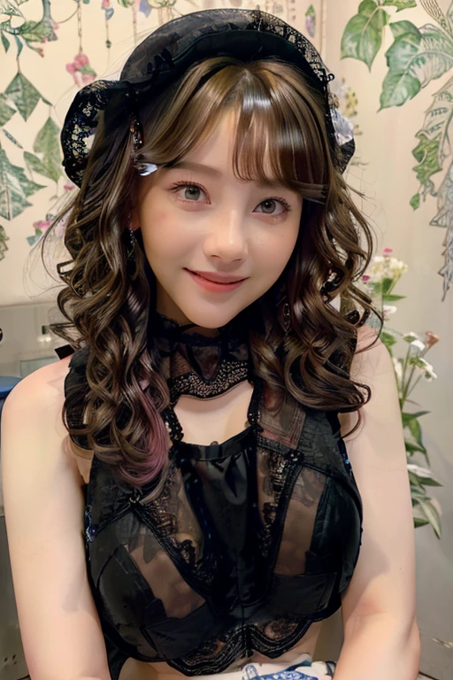 highest quality、shape、 Super detailed、finely、 High resolution、8k wallpaper、perfect dynamic composition shape、17 year old beautiful girl、A neat and mature high school girl、detailed beautiful face、detailed beautiful eyes、rough skin、faint smile、small breasts、bold sexy pose、((Black lace clotheedium hair:1.4))、((looking at the viewer、Smile))、((beautiful eyes、Beautiful curly hair:1.3))