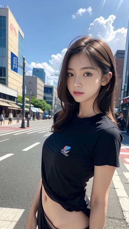 best quality, Masterpiece, very detailed, (realistic:1.4), Photon mapping, outdoor, Tokyo, Akihabara, sky, hope it is a good day, Beautiful background BREAK 1girl, :0.1, (best shadow), cute, hair accessories, small breasts, short wavy brown hair, brown eyes, หน้าตาcute, ดวงตาที่cute, shy, No makeup, BREAK naked shirts only, black shirt, (no underwear), run, runออกกำลังกาย, Diamond Fur, (pubic hair),