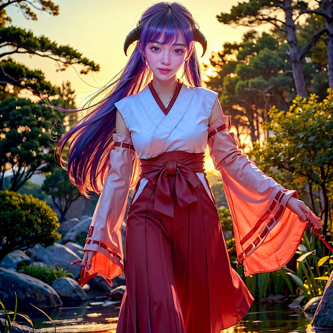 ultra-detailed, Explicit, Beautiful body, Beautiful Nose, Beautiful character design, perfect eyes, perfect face, ultra highres, 4K, beautiful legs, perfect legs, Nice hands, Perfect hand, Masterpiece, Best Quality, Highly detailed, illustration, absurdres, perfect anatomy, expression of joy, glowing eyes, looking at viewer, mystic aura, female priestess, full body, goddess-like, happy trance, perfect female body, smile, japanese clothes, miko, detached sleeves, hakama, hakama skirt, red hakama, ribbon-trimmed sleeves, joyful eyes, horns, extending the right arm from the shoulder into the air with a straightened hand, 1girl, hair ornaments, purple hair, long hair, purple eyes, (((pixel-perfect, detail-perfect))), solo, 1girl, Hanyuu, higurashi when they cry, umineko when they cry, medium sized natural breasts