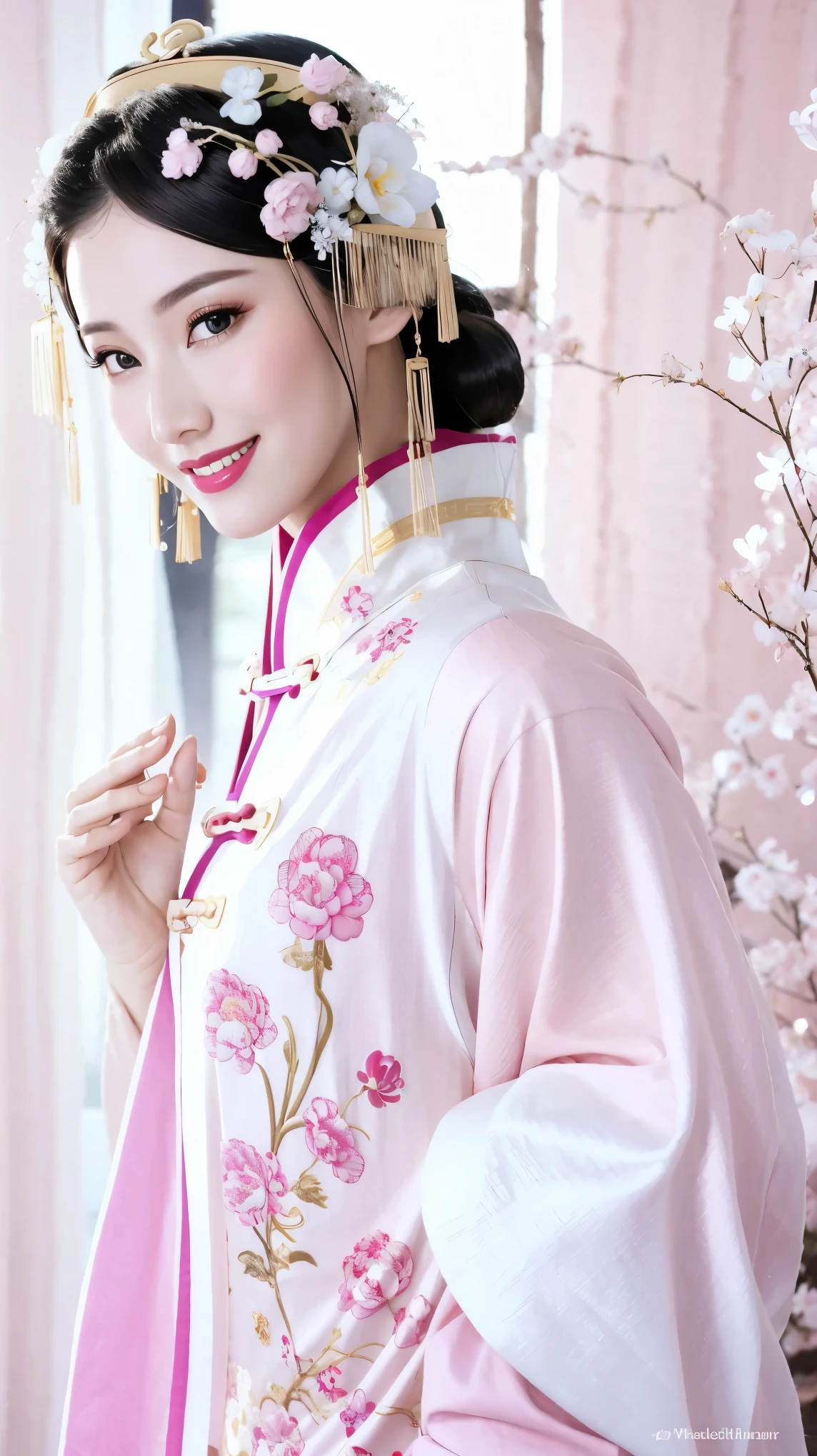 Fashion model 25 years old [[[[close up]]]], [[[[neck]]]], [[[[Shoulder]]]], Perfect eyes, Perfect iris，Perfect lips，Perfect Teeth，Perfect skin，White skin，Soft headlight，High-density imaging review，（Face is clear and delicate），((Pink Chinese costume))，((Smile))，((Background is Chinese interior))，best quality，masterpiece，（Soft colors：1.2