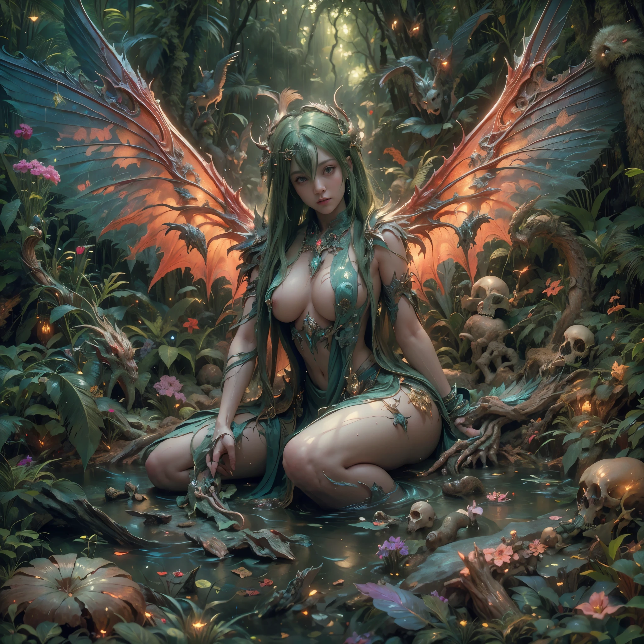 (((8k RAW photo, hyper realistic, masterpiece, best quality, crisp detail, high definition, high detail, very rich detail, sharp focus, sharp detail, colorful, rich color, cinematic, perfect studio lightning, full body photograph, mystic atmosphere))), ((fully naked young colorful evil forest goddes, fully nude, smooth body, ideal body, evil smile)), (sensual pose, temptating viewer, spreading legs, showing pussy to viewer, big breast, (showing (pussy, vagina, genital, nipples))), ((green hair)), holding really big long  sword, ((wind dragon wings, tail)), ((very long sharp claws)), ((deep rain forest)), (hundreds of ( skull, bone) on land), ((naked female fairy behind)), sorrounded by colorful poisonous mushrooms and flowers, natural deep river,