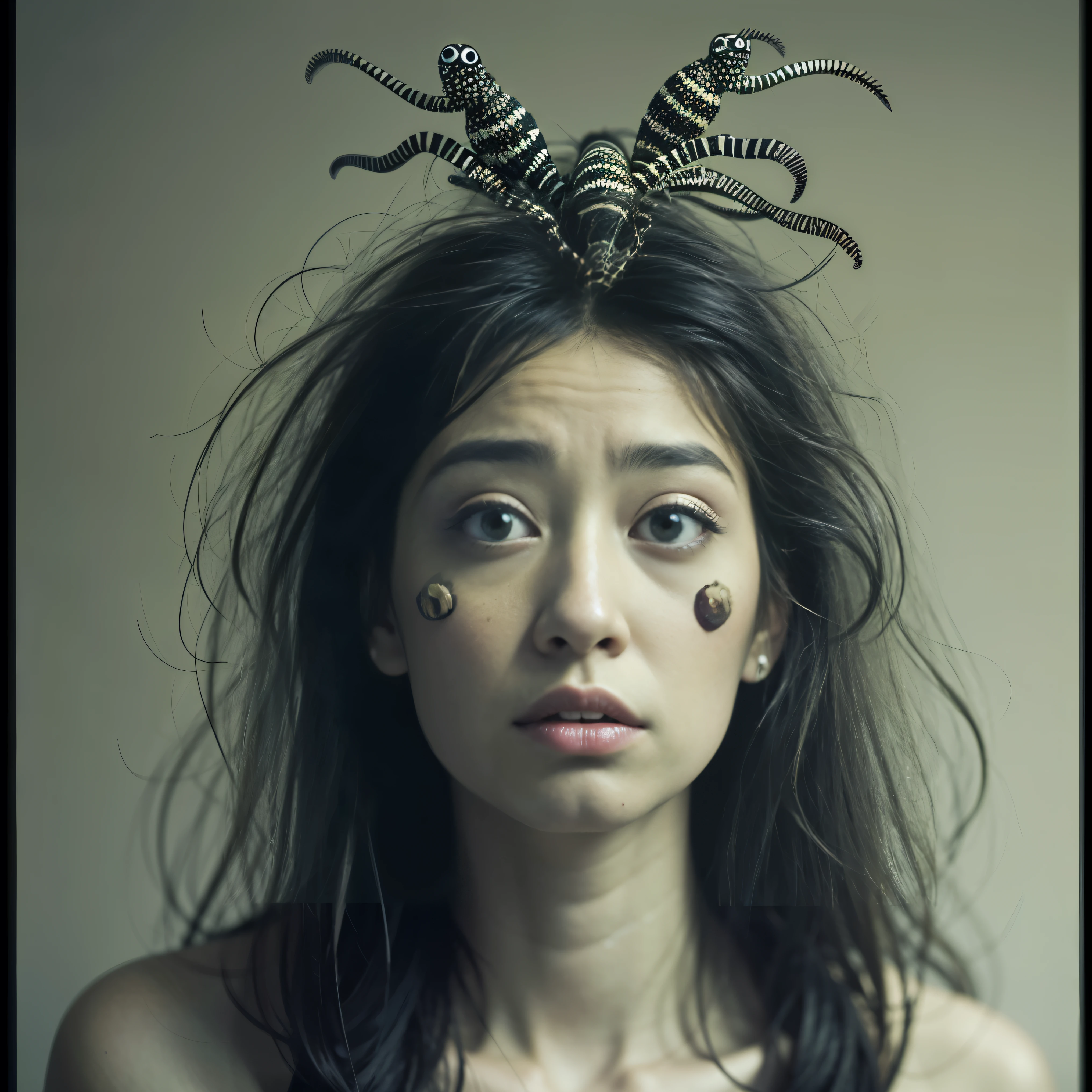 A monster with a caterpillar's face turned into a woman's face、The body is a caterpillar、Face Only Female、The woman's face is beautiful but she looks like she's about to cry.、