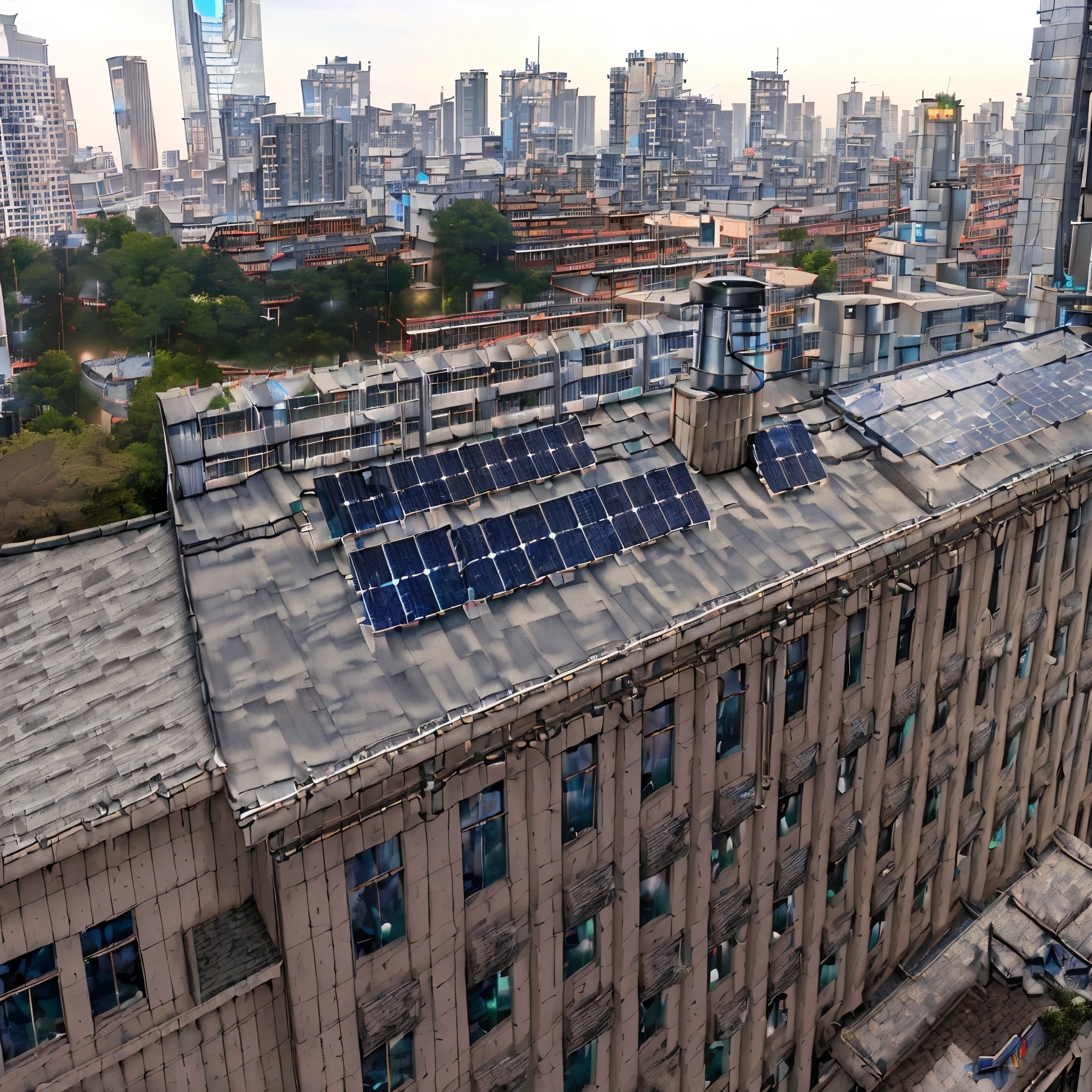 arafed roof with solar panel on a building in a city, rooftop solar panel, solar, Photo showing, solar panel, solar powered, solar power, City roof, author：Xul Solar, The above points, On the roof, Beijing, Transmitter on the roof, on the roof, solar punk product photo, On the roof, panel, science and technology, Blue line, Cyberpunk