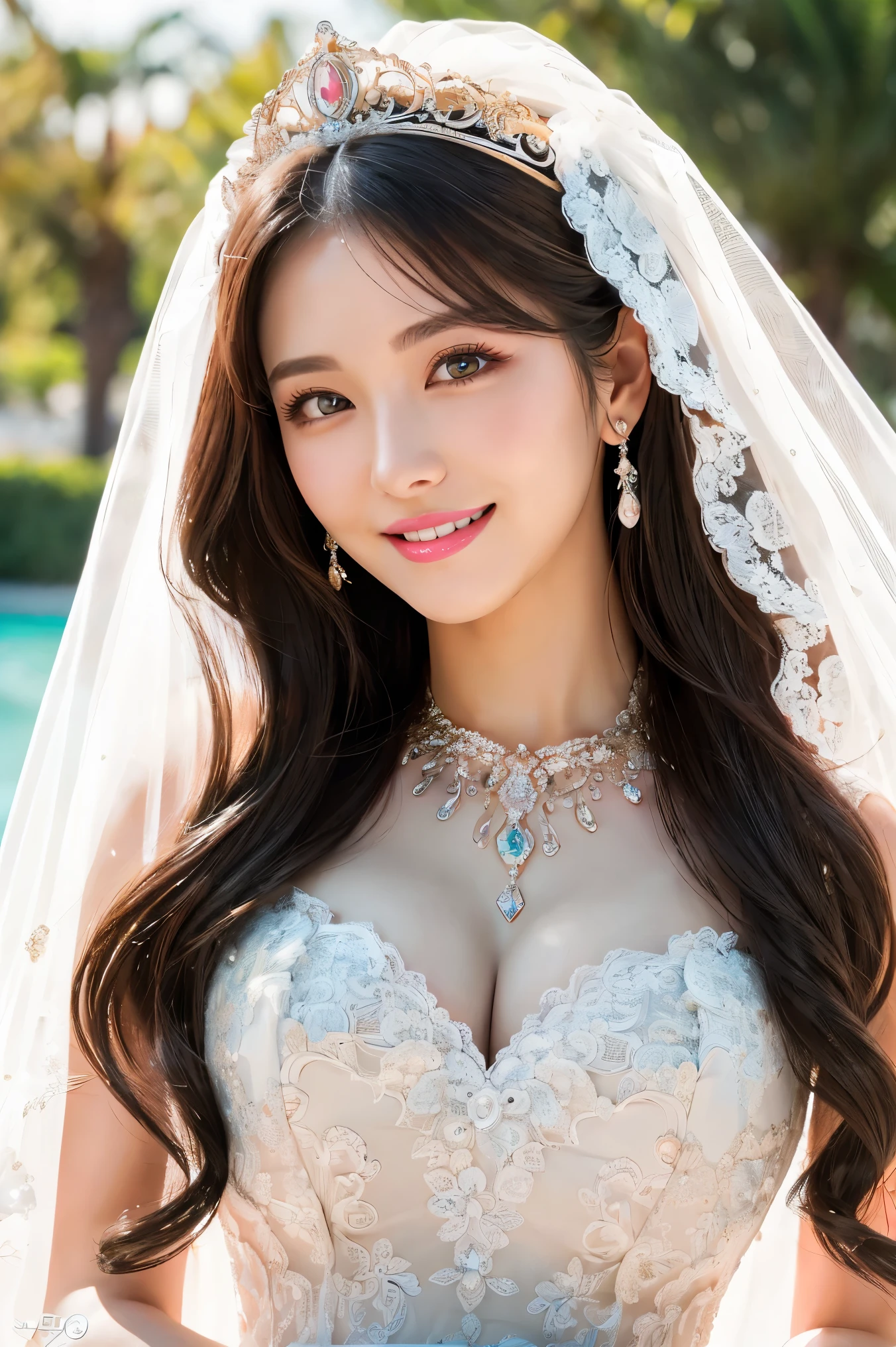 (highest quality、Tabletop、8k、Best image quality、Award-winning works)、One beautiful bride、(alone:1.1)、(The most extravagant and gorgeous huge wedding dresses:1.1)、(Perfect Wedding Lace:1.2)、(The most extravagant and luxurious giant tiara:1.1)、(The most extravagant and luxurious giant necklace:1.1)、The most beautiful smile is looking at me、A wide selection of the finest jewellery、(Bridal upper body photo:1.1)、Perfect Makeup、Long eyelashes、Ultra HD Shining Eyes、Ultra HD Hair、Ultra High Resolution Glossy Lips、Ultra High Resolution Perfect Teeth、Beautiful face in ultra-high definition、(Accurate anatomy:1.1)、(Very bright and beautiful skin:1.2)、(very bright and vivid:1.2)、(Luxury wedding venue background:1.1)