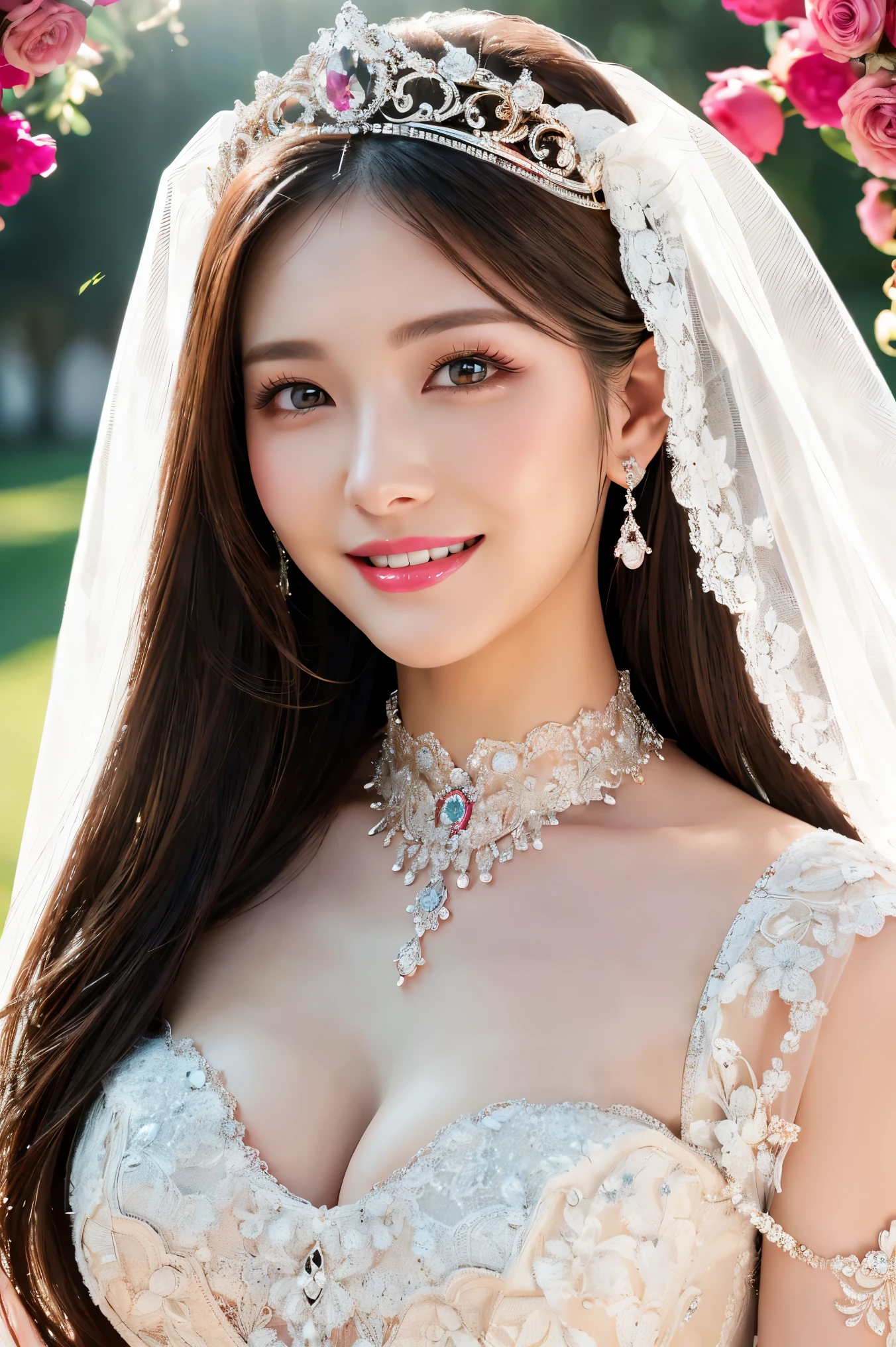 (highest quality、Tabletop、8k、Best image quality、Award-winning works)、One beautiful bride、(alone:1.1)、(The most extravagant and gorgeous huge wedding dresses:1.1)、(Perfect Wedding Lace:1.2)、(The most extravagant and luxurious giant tiara:1.1)、(The most extravagant and luxurious giant necklace:1.1)、The most beautiful smile is looking at me、A wide selection of the finest jewellery、(Bridal upper body photo:1.1)、Perfect Makeup、Long eyelashes、Ultra HD Shining Eyes、Ultra HD Hair、Ultra High Resolution Glossy Lips、Ultra High Resolution Perfect Teeth、Beautiful face in ultra-high definition、(Accurate anatomy:1.1)、(Very bright and beautiful skin:1.2)、(very bright and vivid:1.2)、(Luxury wedding venue background:1.1)