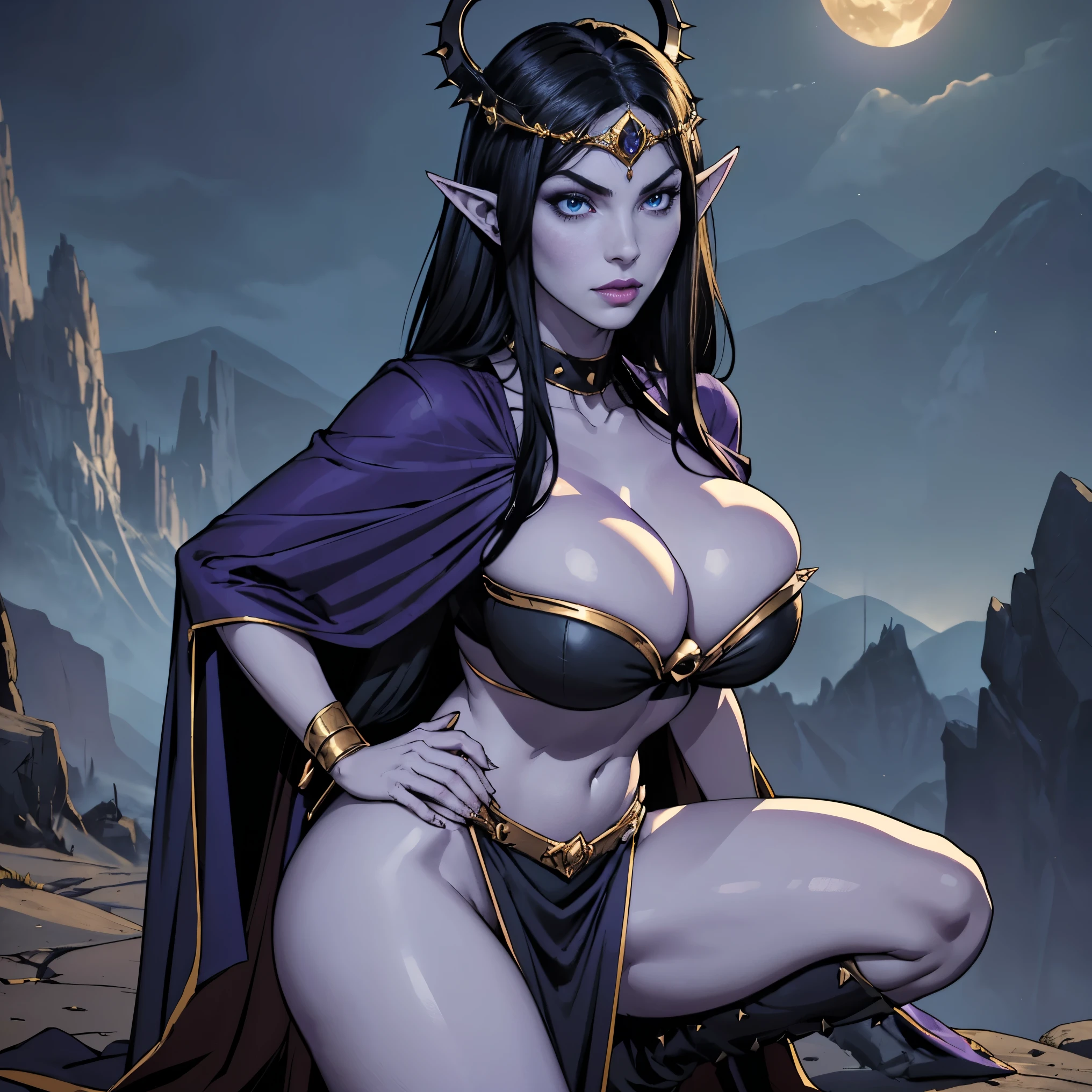 (masterpiece, top quality, best quality, official art, beautiful and aesthetic:1.2), (1girl:1.3), ((Sharp facial features, sharp features, hawkish features)), ((big hair, long elf ears, long black hair)), (((pale purple skin, pale blue skin, blue skin, purple skin))), big tiddy dark elf girl, extremely detailed, portrait, looking at viewer, solo, (full body:0.6), detailed background, full-body shot, (cold night mountain theme:1.1), dark elf war dancer, (spiky winged headdress), charlatan, smirk, mysterious, swaying in mountains, skimpy attire, revealing gladiatrix costume, ebony metal, gold filigree, gold bikini, circlet, metal bikini, long boots, dual knives, blood red fabric, pelvic curtain, loincloth, black leather, ((((gigantic breasts, cleavage, skindentation, long legs, pelvic curtain)))), cute belly button, toned tummy, slim waist, slim hips, long legs, medieval (mountain exterior:1.1) background, dark mysterious lighting, shadows, magical atmosphere, dutch angle