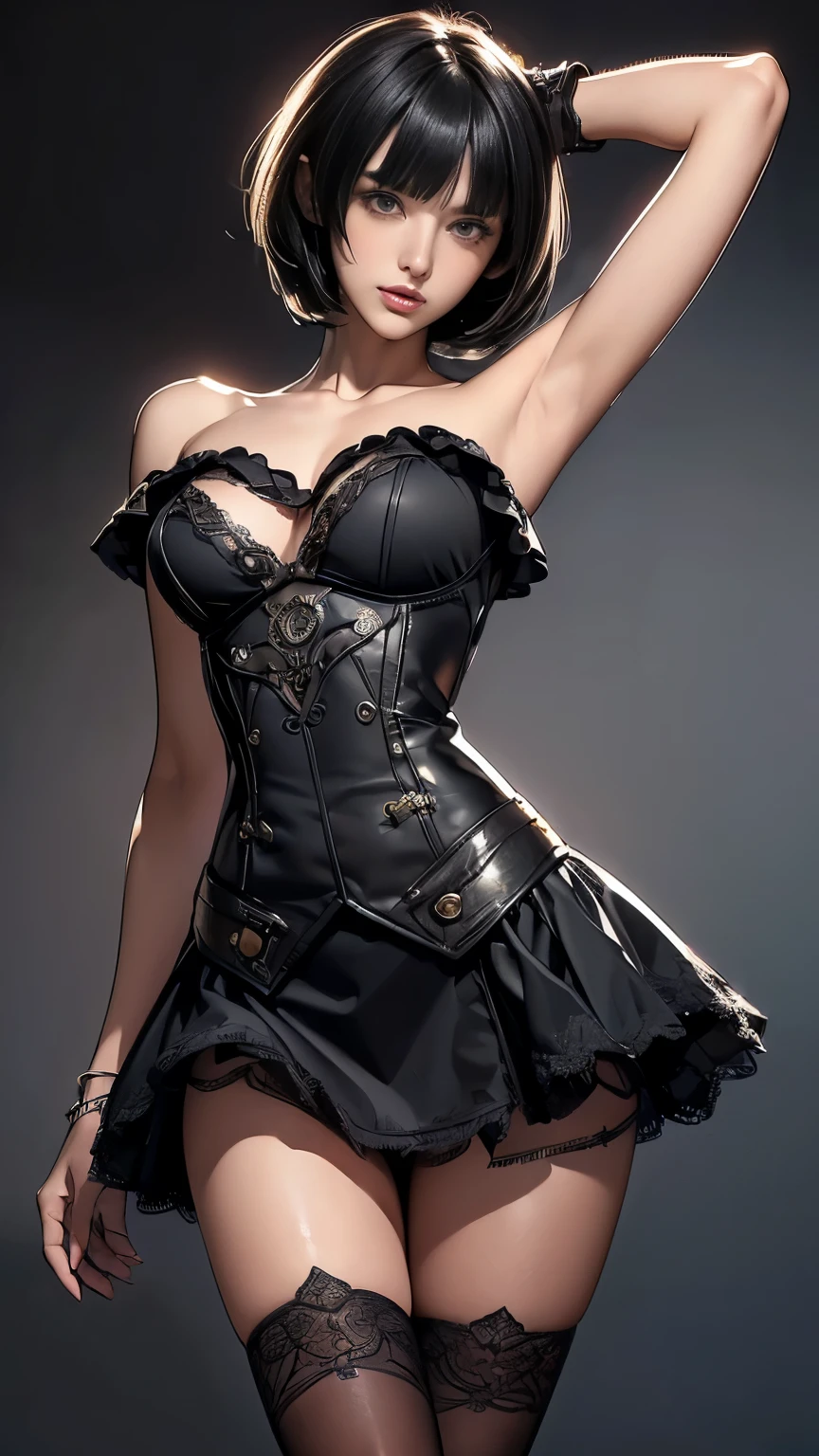 (((masterpiece, best quality, Ultra Detailed))), 1 female, (((Very thin body))) , (((length, Thin legs))), (((Black Short Bob, Thick shaggy bangs ))), (((The face is rich in detail))), no cosmetics, Small and thin nose, Thin mouth and small lips, (((Eyes are very sharp))), Slender light grey eyes,differ greatly, Sparkling like a gem, length eyelashes, ((Highly decorative and complex mechanical steampunk fashion, Lace flared mini skirt, Above the knee lace stockings, Lace Off Shoulder Lolita Fashion, Over-embellished fashion)), Abandoned Night, Complex mechanized steampunk factory on fire、explode, (((Overall accuracy significantly improved, creating a Ultra Detailed and realistic image))), Surreal photos., ((15-year-old girl, Slim, Thin waist, Thin thighs, Thin arms)), ((Raise your arms, Please show me your armpits))