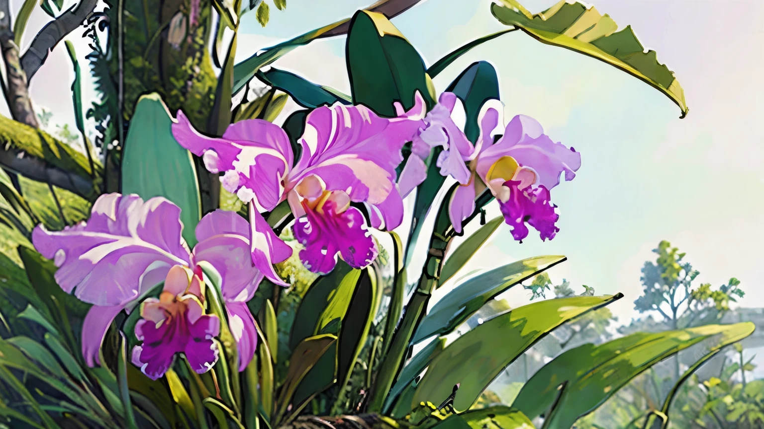 (masterpiece, highest quality:1.2), cattleya, solo, 3-flowers, close-up, full body, full bloom, nature, habitat, 