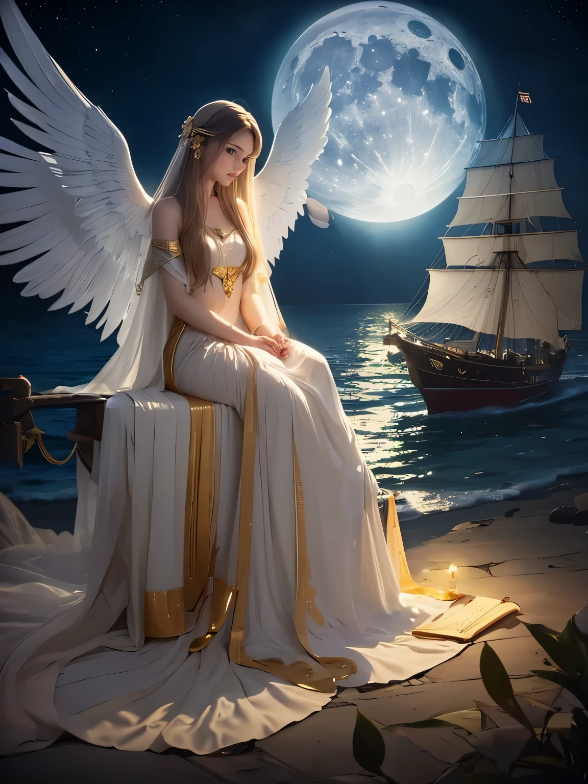 A very beautiful angel sitting with hands folded and lovely small feet and golden book at her feet, Meet me by the moonlight love meet me Meet me by the moonlight alone alone I have a sad story to tell you All down by the moonlight alone I've always loved you my darling You said I've never been true I'd do anything just to please you I'd die any day just for you I have a ship on the ocean All lined with silver and gold And before my little darling shall suffer I'll have the ship anchored and sold If I had wings like an angel Over these prison walls I would fly I'd fly to the arms of my darling And there I'd be willing to die