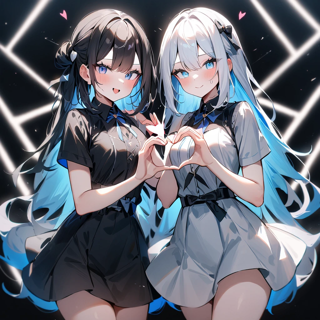 {{2girls}},masterpiece,best quality,very aesthetic,absurdres,cowboy shot,lightcolor,darkcolor,(heart_hands_duo:1.5),light hair,dark hair,White hair,light blue hair,light blue eyes,Lovely