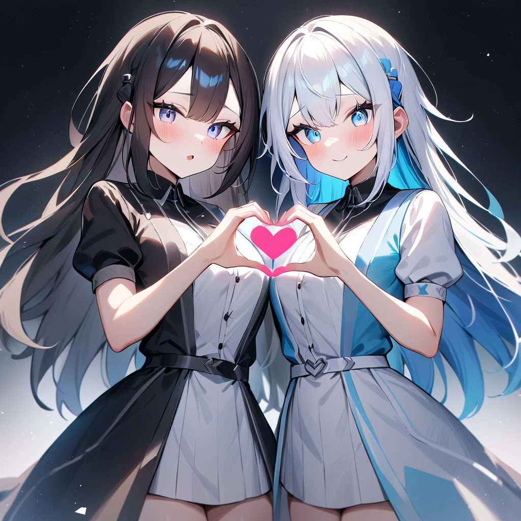 {{2girls}},masterpiece,best quality,very aesthetic,absurdres,cowboy shot,lightcolor,darkcolor,(heart_hands_duo:1.5),light hair,dark hair,White hair,light blue hair,light blue eyes,Lovely