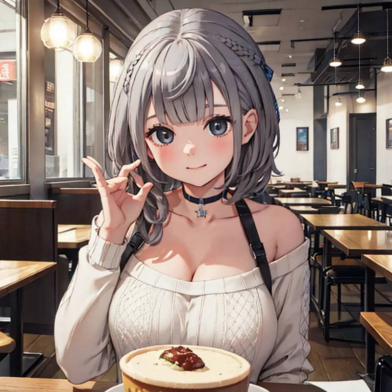 
highest quality,cute、Confused face、Inside the cafe、Sitting、Perfect Fingers、Big Breasts、3✕3の目、black eye、Gray Hair、