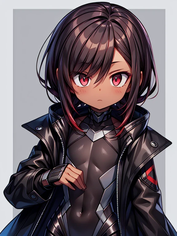 dark skin, male, (((short dark brown hair))), big red eyes and a very androgynous face, wearing a black exoskeleton bodysuit and a long black coat taimanin with sliver accent, black armoured taimanin_suit, close up