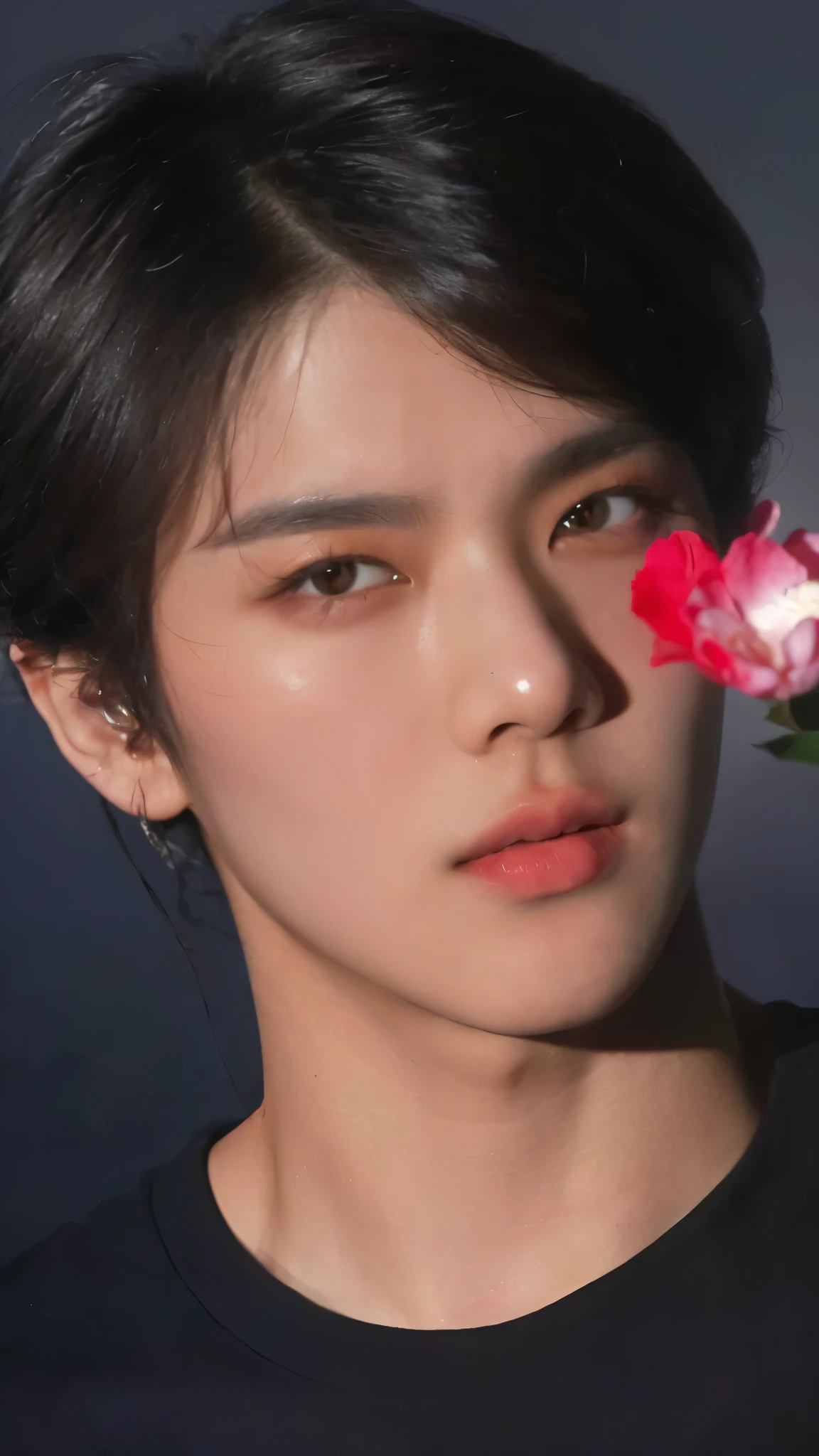there is a man with a flower in his hand and a flower in his mouth, taejune kim, kim doyoung, portrait of jossi of blackpink, jimin\'s right eyelid swollen, araki, jimin\'s grecian nose, sakimichan, close up at face, closeup shot of face, close up head shot, closeup at the face