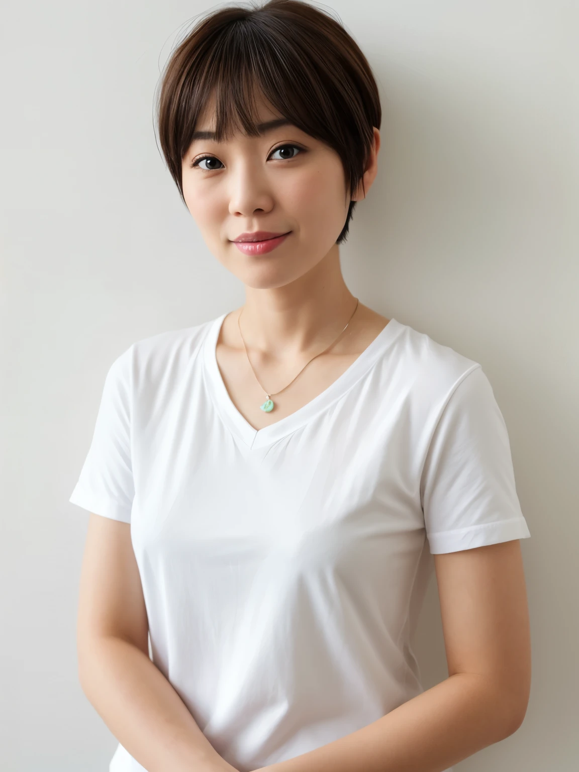 (highest quality、8k、32k、masterpiece、Hmph:1.2)、Short sleeve shirt、Photo of beautiful Japan woman in her 30s、very short hair、short hair、Shortcuts、White wall、In front of a white door、(窓のあるWhite wallの部屋)、Upper Body、necklace、Shooting from above、Don'Don't look at the camera、(Realistic、Photorealistic:1.37)、1 girl、Photographed in natural light、Physically Based Rendering、Excellent image quality、High resolution、1080p、(Detailed facial depiction)、(Detailed description of the hands)、(Detailed CG)、Rich details、(exquisite features)、(Best image quality)、(masterpiece)、(Fine Eyes)、Delicate clavicle、Mr.々A pose、profile、Earrings、Laughter、Spring Clothes
