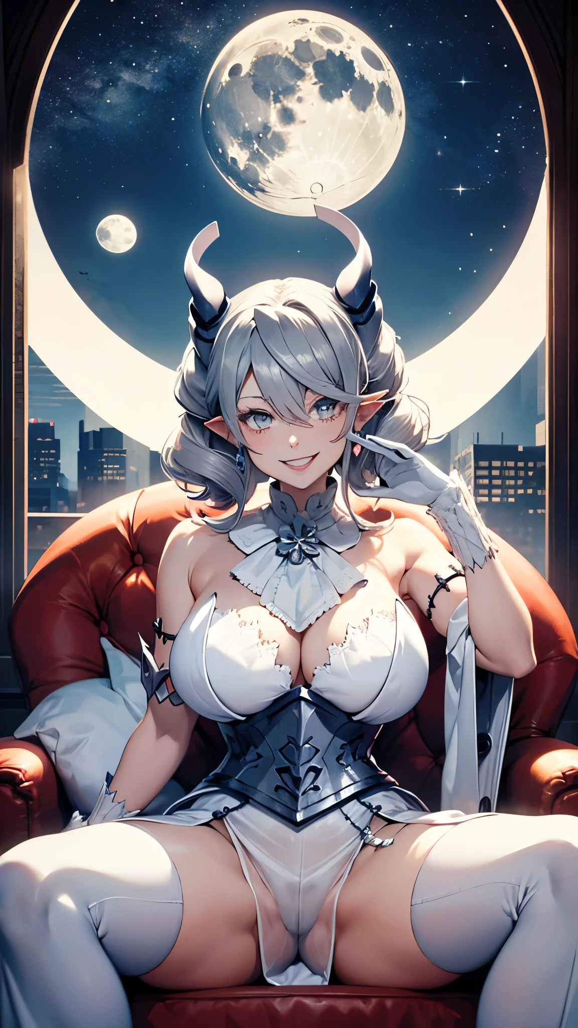 table top High level image quality best image quality 8K adult woman whole body portrait pure white long gloves(elbow gloves) white long dress(slit) white wolf ears short hair((shortcut)(gray hair)(perm)(fluffy)) eye color is blue attractive evil face((smile)( open your mouth))nightfall moon city sexy pose , sitting on big white red throne , crossed leg style, labrynth , view from below pov , face focus