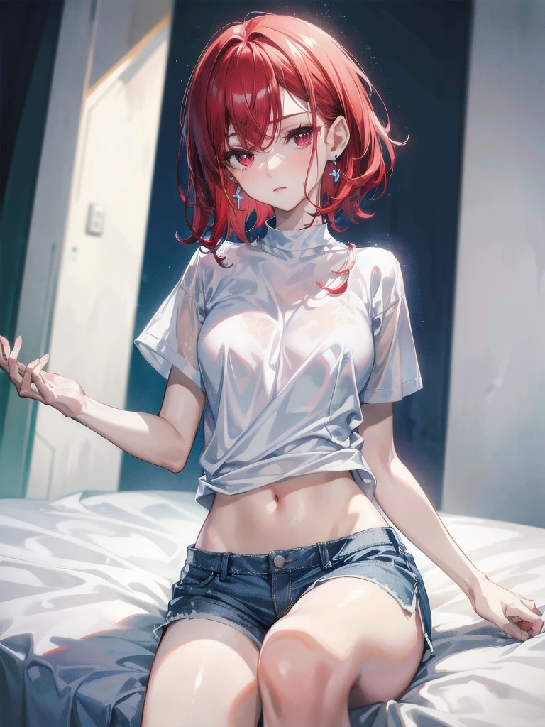 white t-shirt, blue shorts, absurdres, RAW photo, extremely delicate and beautiful, masterpiece, Best Quality, ultra high resolution, 32k, hyperrealistic, ultra-detailed, detailed description, pale skin, 20 years old, tearful mole, earring, short medium hair, wavy hair, whole body shot, Redhead, Red eyes,