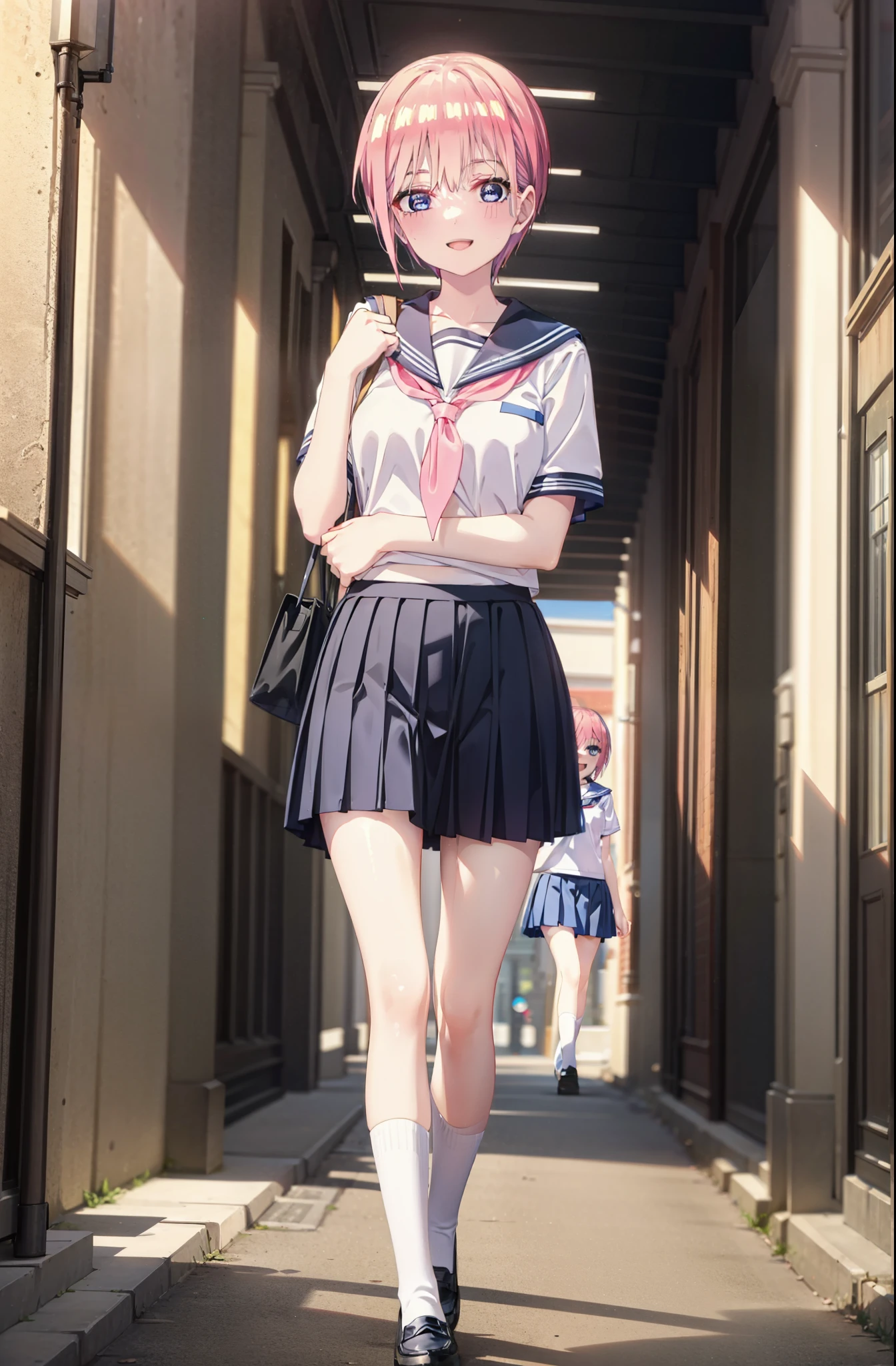 ichikanakano, ichika nakano, short hair, bangs, blue eyes, Hair between the eyes, Pink Hair, smile,happy smile, smile, Open your mouth,Big Breasts,Japanese girl(Sailor suit),Short sleeve,Black pleated skirt,Black knee socks,Brown Loafers,evening,Sunset,The sun is setting,sunny,whole bodyがイラストが入るように,Looking up from below,Walking,
break outdoors, In town,Building district,
break looking at viewer, whole body,
break (masterpiece:1.2), highest quality, High resolution, unity 8k wallpaper, (shape:0.8), (Beautiful details:1.6), Highly detailed face, Perfect lighting, Highly detailed CG, (Perfect hands, Perfect Anatomy),