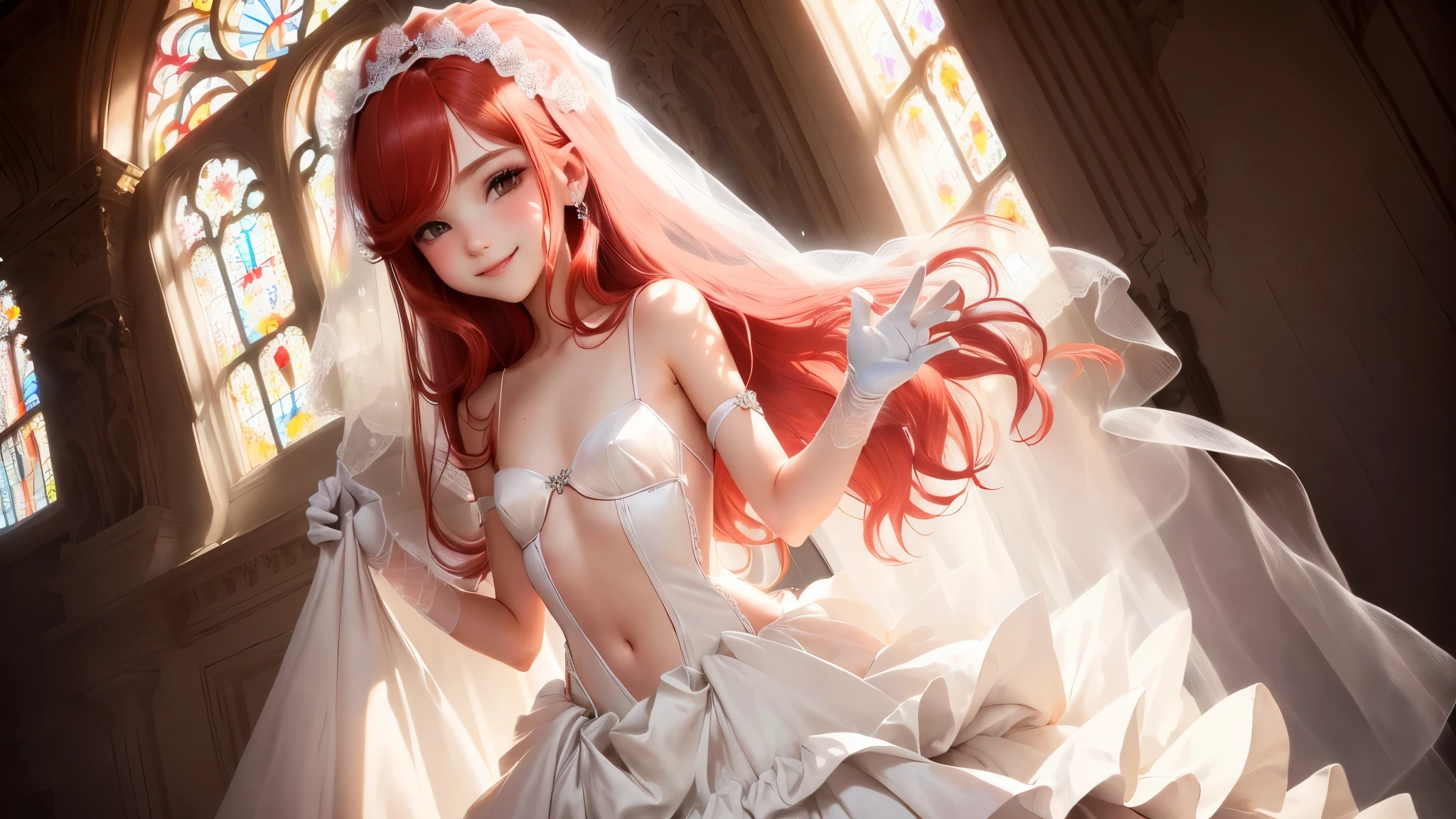 1boy, Feminine boy, femboy, cheeky bright smile, small wedding veil on head, long red hair, flat chested, male chest, Full-length image, Boy in Full-length, flat chest, wedding gloves, correctly drawn fingers on the hand, skimpy wedding dress, deep neckline on the dress, slight mockery, lace, long eyelashes, bangs, cutout in the dress between the breasts